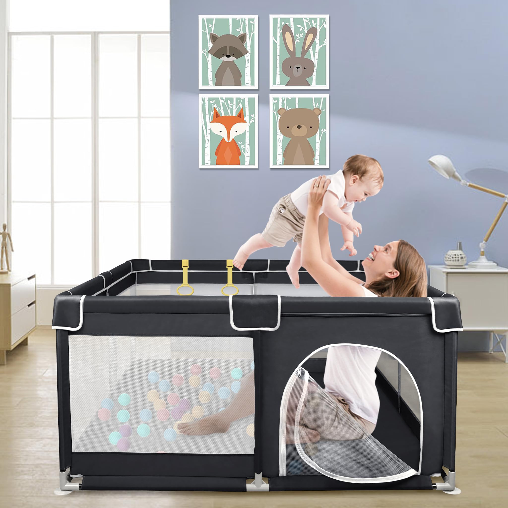 FIVMEN Box per bambini, 127 x 127 cm, con 50 palline, rete traspirante e 4 anelli, centro attività, griglia di protezione, colore: nero