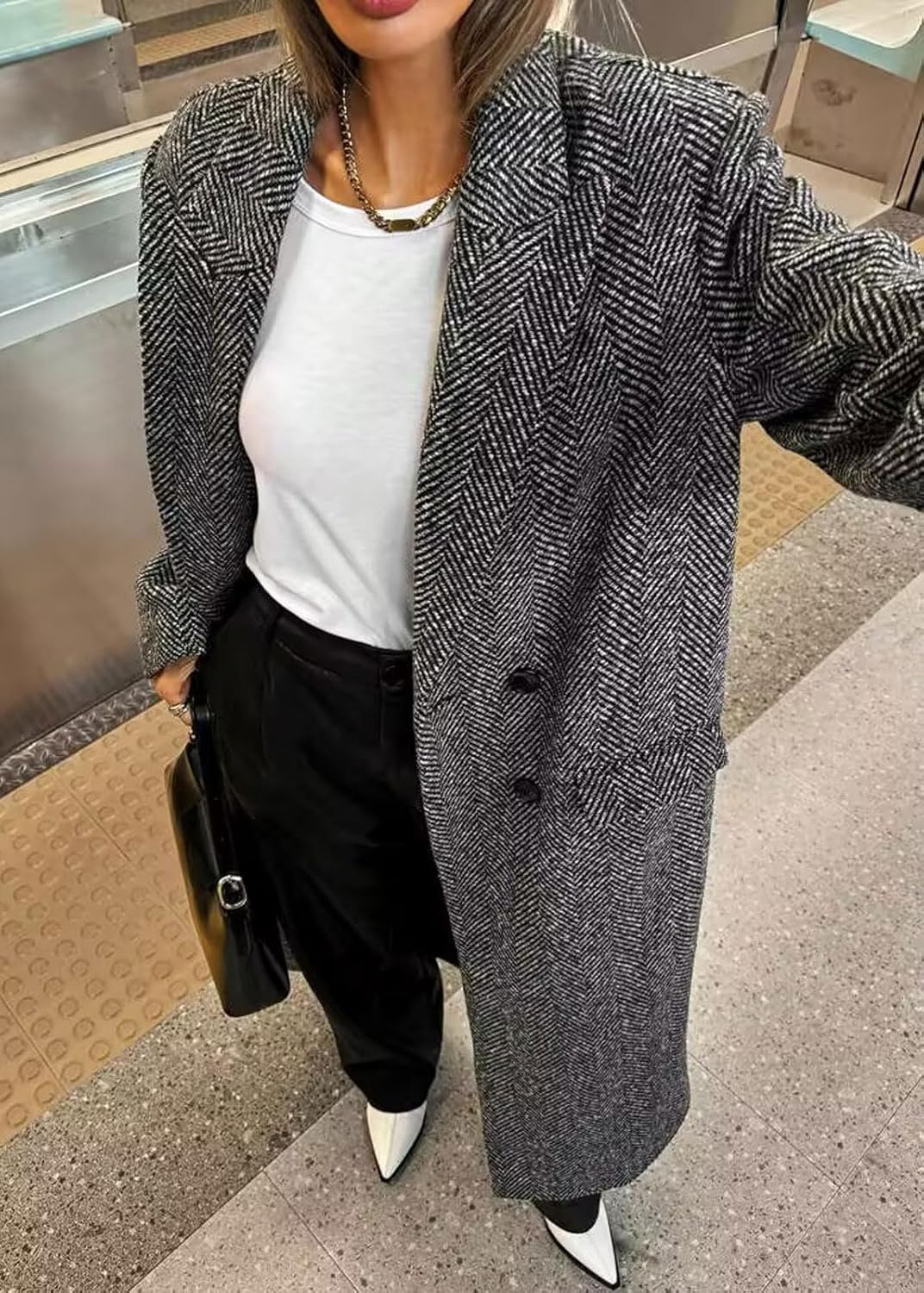 CHARTOU Long Wool Trench Coat Women Double Breasted Herringbone Notch Collar Dressy Winter Pea Coat