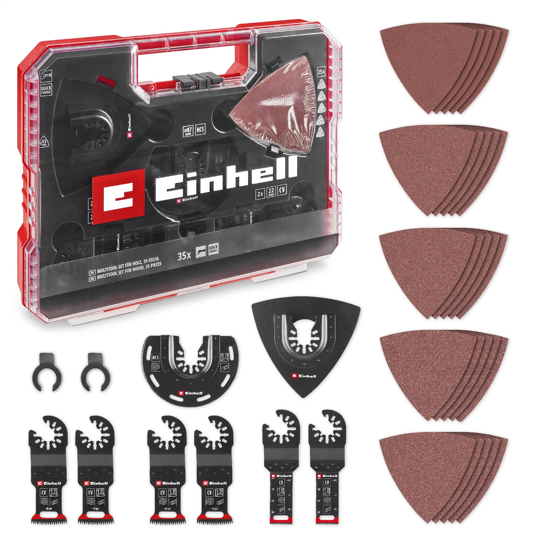 Original Einhell XL-PLUS-CASE 35-tlg. Multitool-Set für Holz ⟮CV-Tauchsägeblätter, HCS-Halbrund-Sägeblatt, Delta-Trägerplatte, Aluminiumoxid-Schleifpapier für Holz, Dremel-Adapter⟯