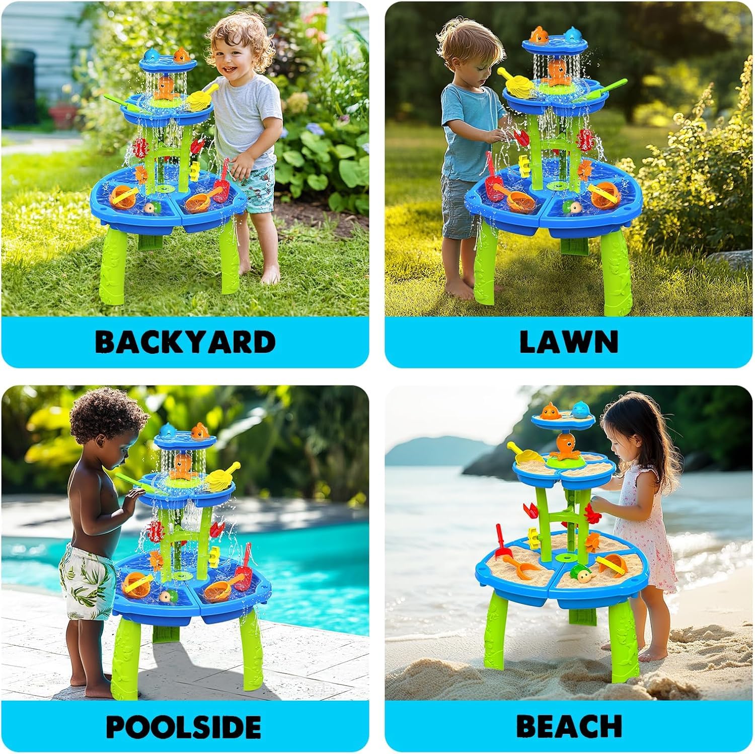 CozyBomB Tavolo da gioco d'acqua e sabbia per bambini, da esterno, a 3 piani, con ruota d'acqua, irrigatore e gioco di pesca, giocattolo d'acqua per bambini da esterno dai 3, 4, 5 anni, set completo