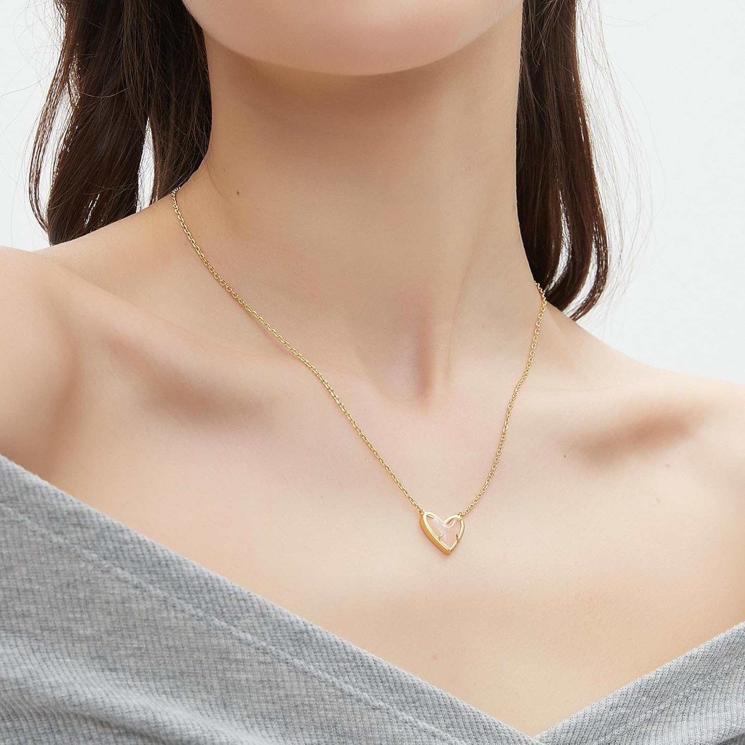 G&GEMSJEW Natural Stone Pendant Heart & Teardrop & Irregularity Necklace for Women | 18K White Gold Plated Chain | Natural Rose Quartz & Moissanite | Adjustable 18"+2" Jewelry