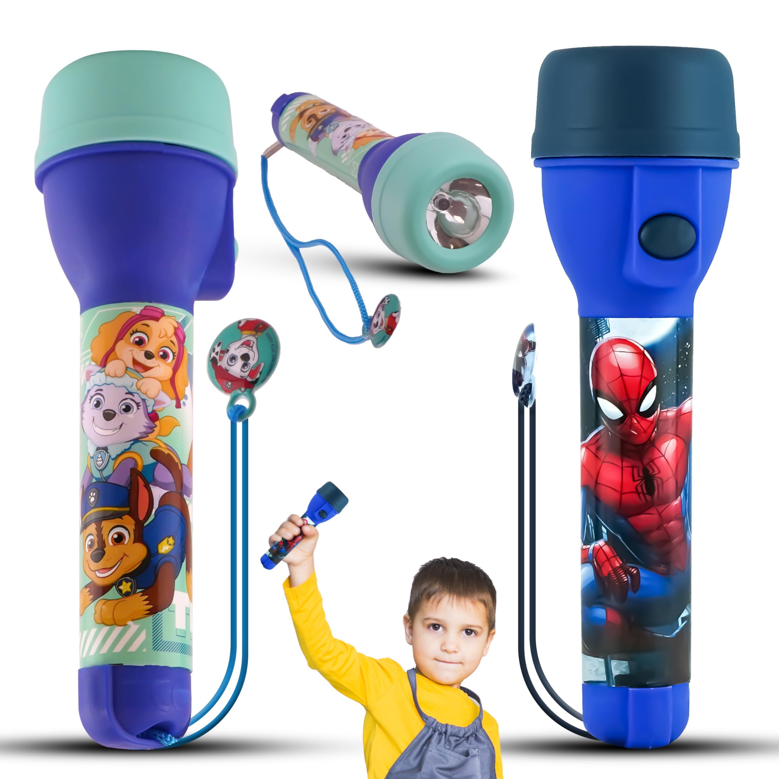 2x Battery-Powered Kids Torches, Marvel Spiderman and Paw Patrol LED Flashlights Xmas Torch, Big Torch with Attached Lanyard, 16cm Bright Night Light Toy for Kids 3+Years | Luminous Range: 3.5 Meter