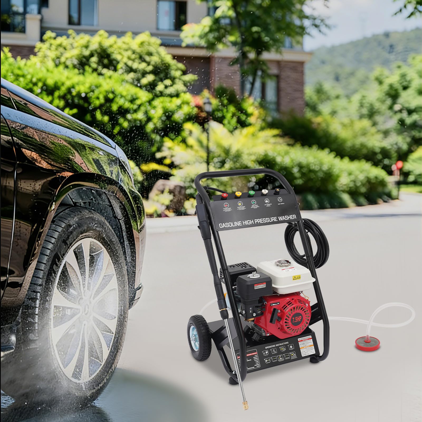 Limpiador de alta presión, limpiador a presión 7 CV 170 Bar 2200 PSI 5 boquillas | Para coche, terraza, limpieza de alta presión con manguera, 8 m, ruedas 8 y 5 boquillas incluidas