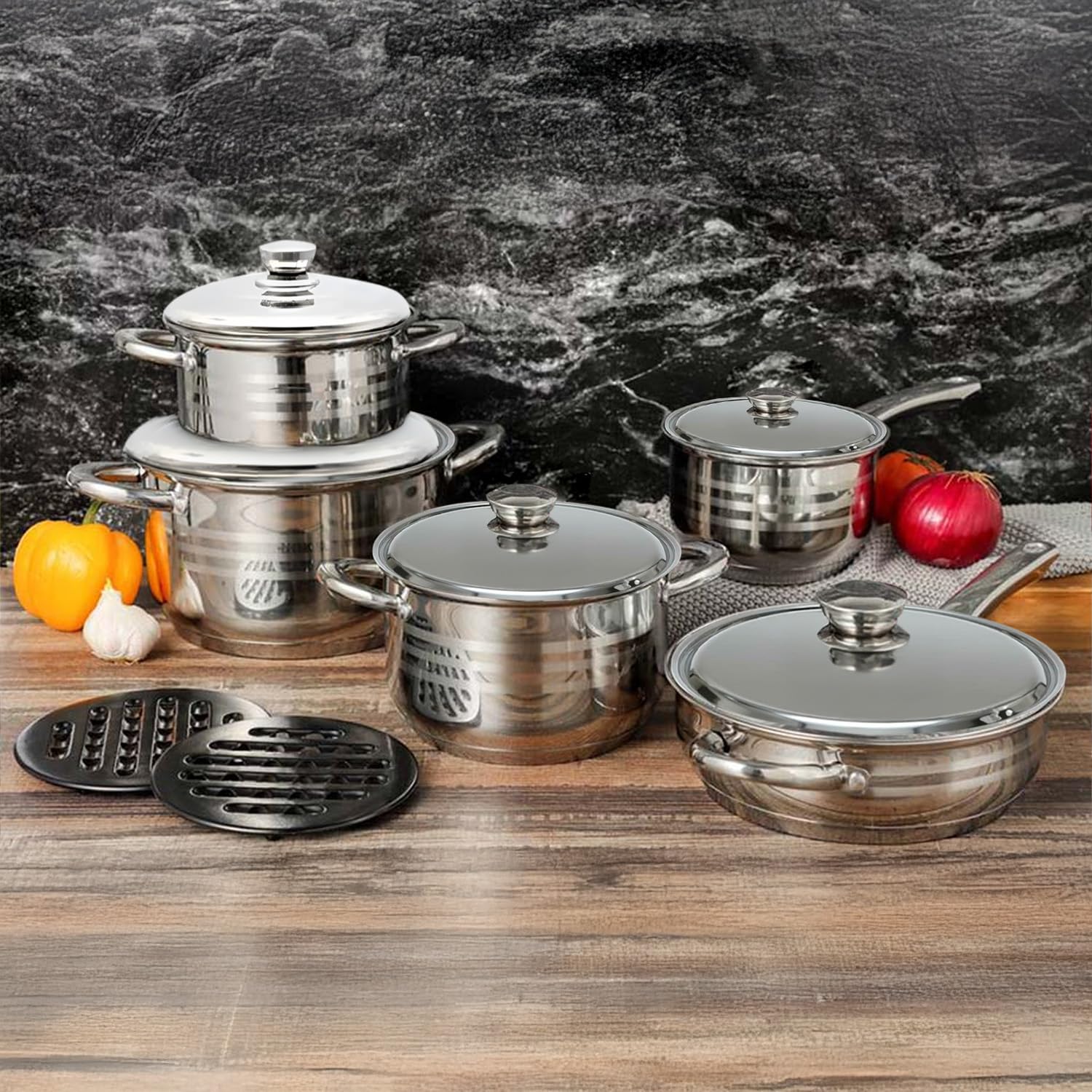 Avilia Batteria di Pentole 12 Pezzi in Acciaio Inox - Set di Pentole Adatto a Tutti i Tipi di Piano Cottura - Ogni Pentola è Dotata di Apposito Coperchio - Ideale per Cucinare Tutti i Tipi di Pietanze