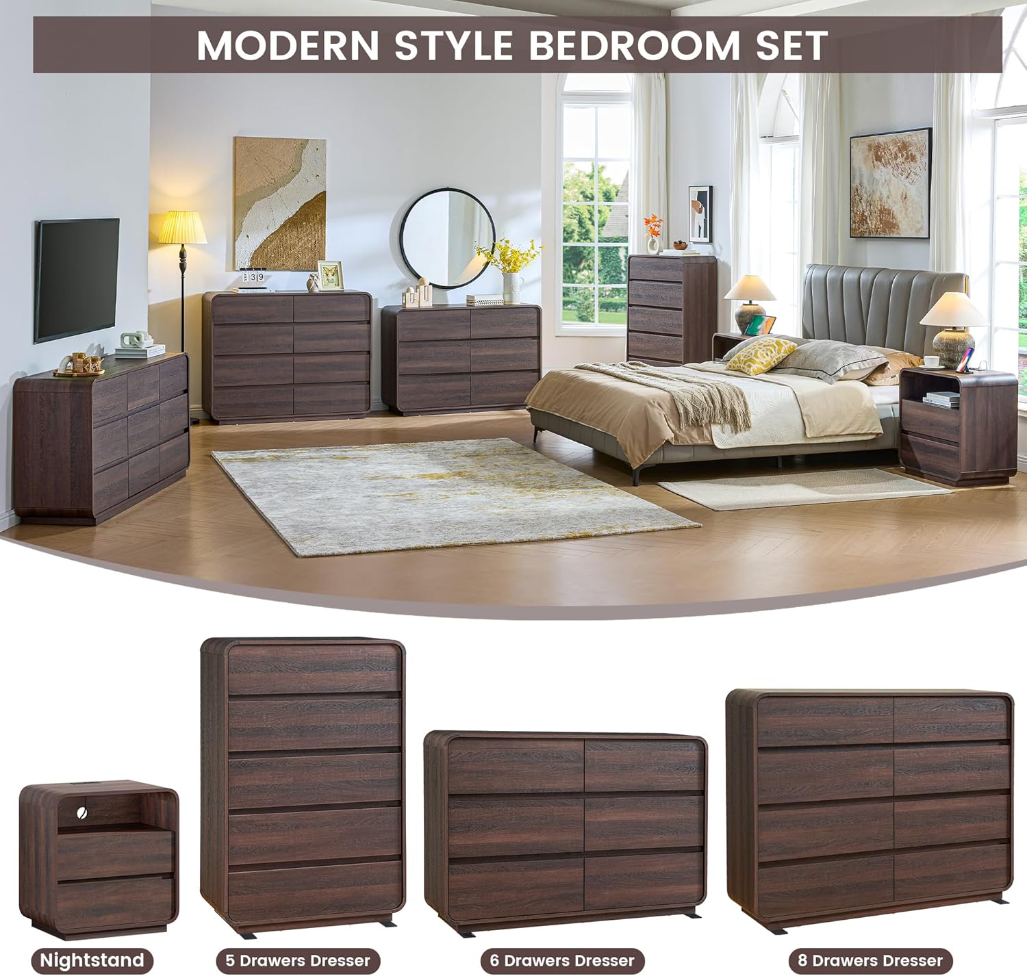 Walnut Dresser for Bedroom, Modern 5 Drawer Closet, Freestanding Dressers with Deep Drawers, Large Storage Organizer for Living Room, 29.5’’ W 15.4"D x 29.5"W x 46.3"H (5 Drawers) Walnut