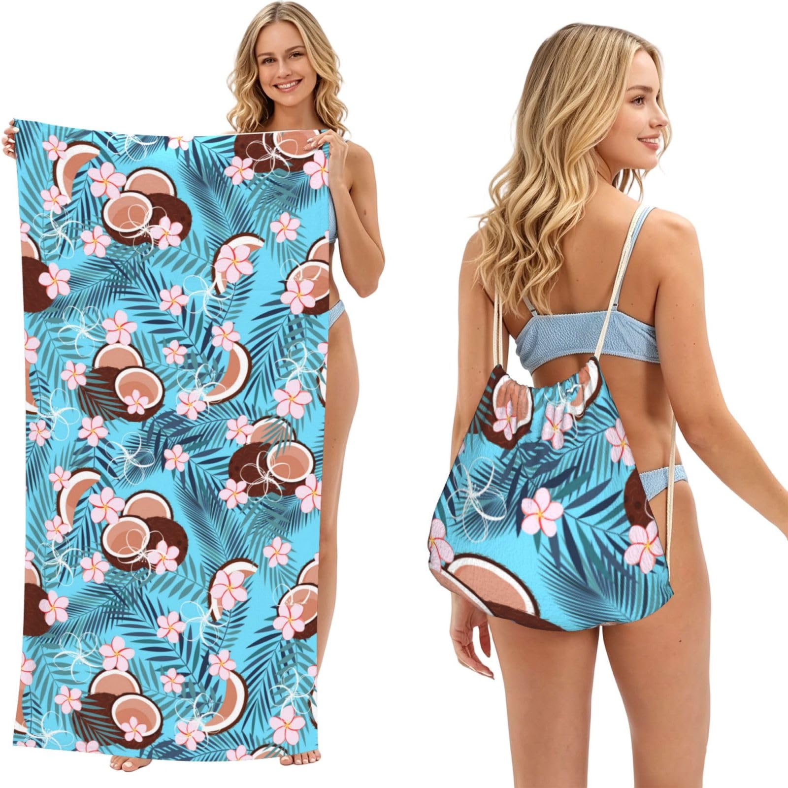 Poadnly As Picture Tropical Coconut On Blue, 2 In 1 Packable Towel Bag, Beach Towels With Drawstring Backpack For Travel Holiday Camping