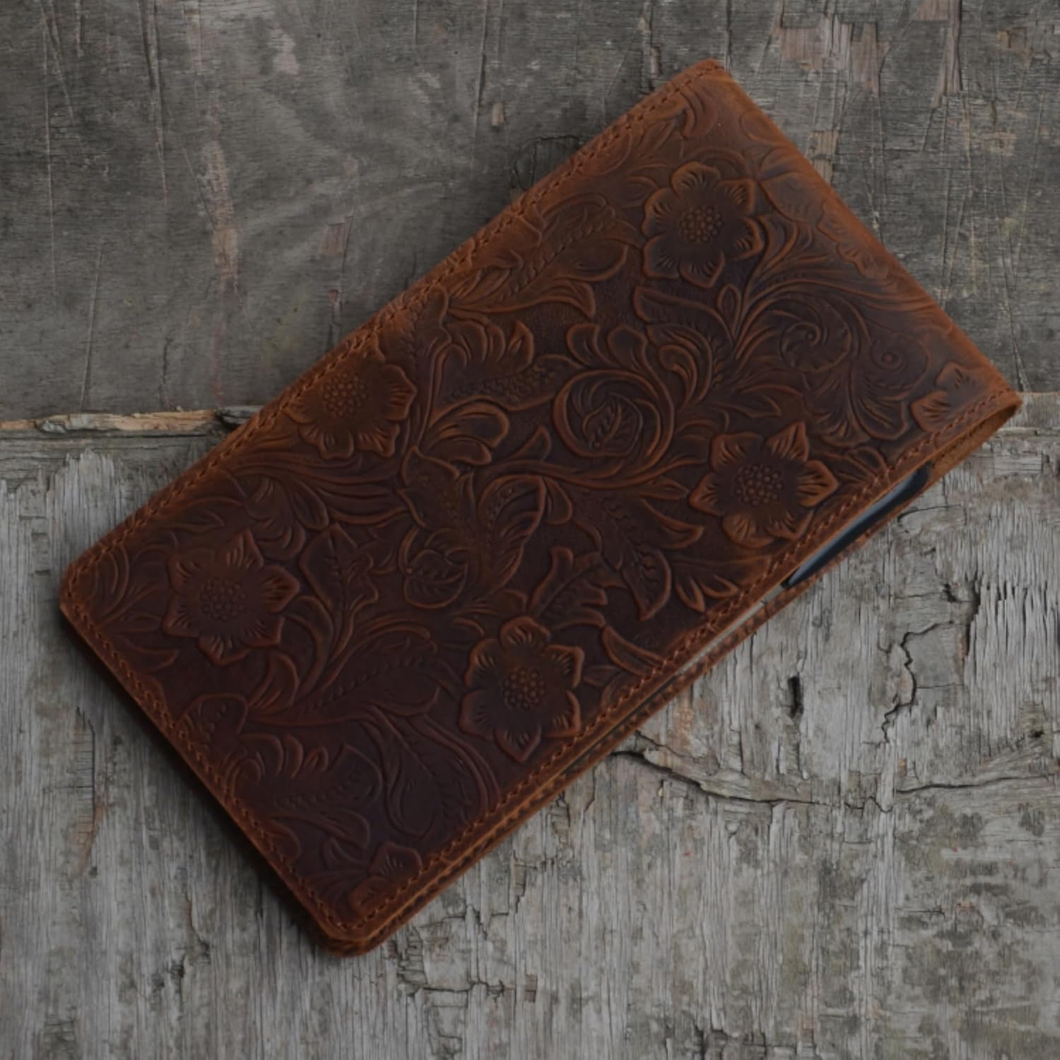 JJNUSA Leather Cover Compatible With Field Notes Reporter's 4" x 8" Notebook Travel Journal Cover Distressed Refillable Writing Diary Reporter Notebook/Note Pad, 4 x 8 inches Flower Brown image 5