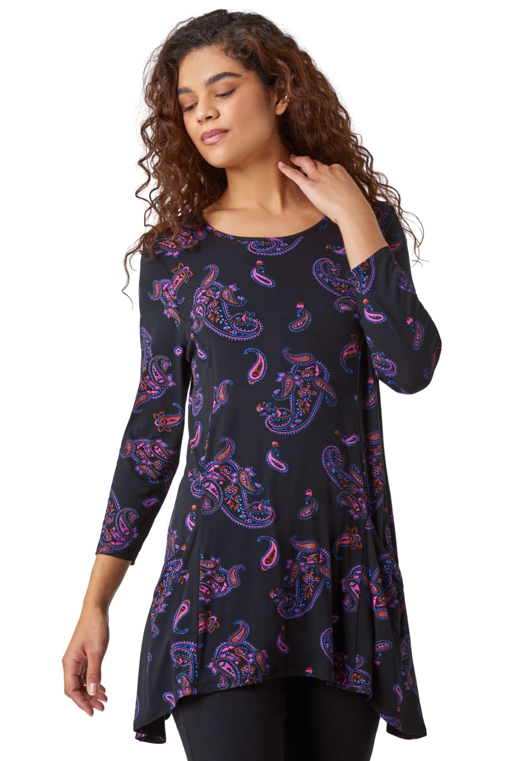 Roman Originals Women's Purple Swing Top With Pockets For Uk Hanky Hem Asymmetric Tunic Blouse Longline Long Stretch Jersey Casual Round Necktee Shirt T-Shirt - Size 14