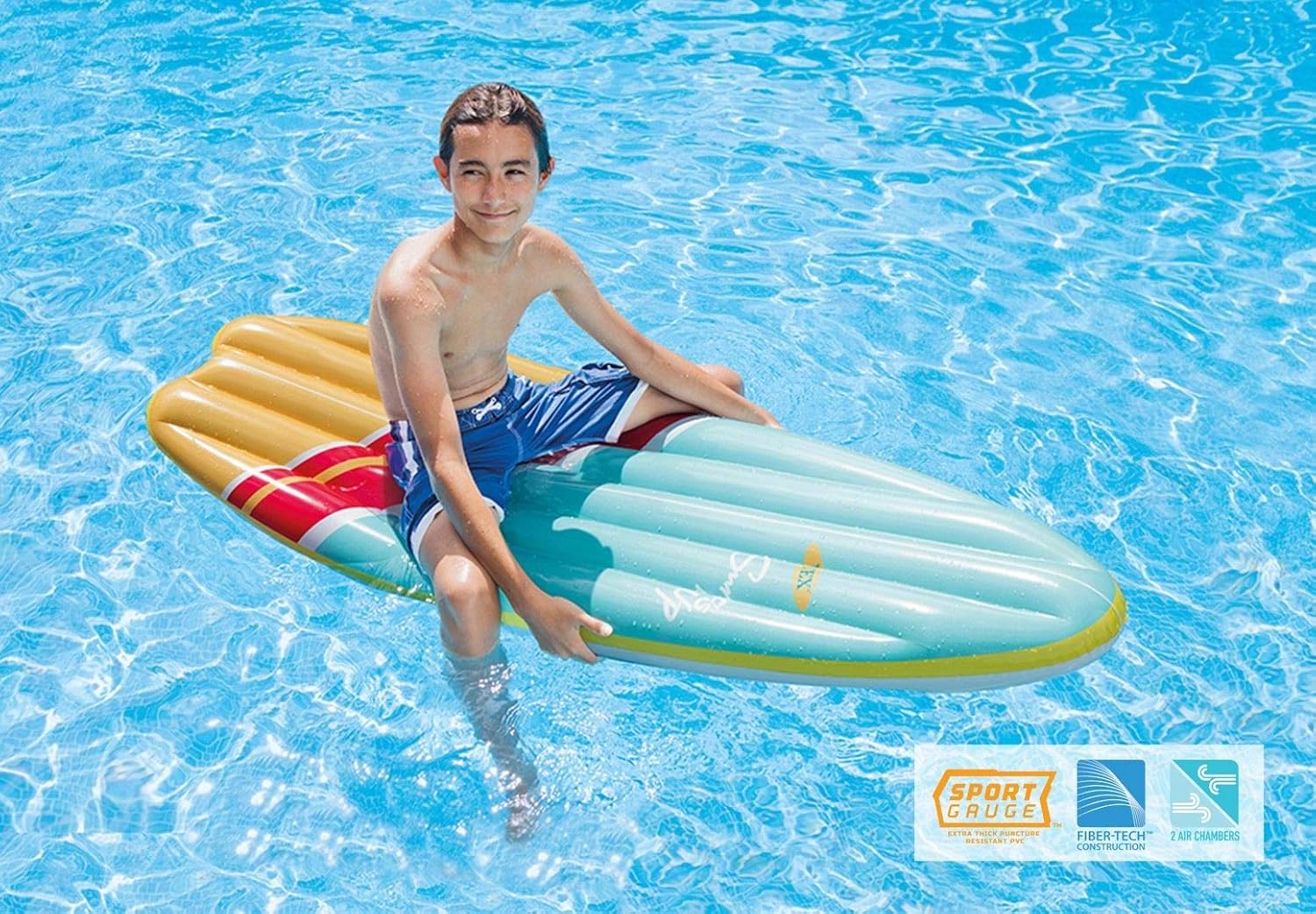 Intex Surfboard Shaped Inflatable Pool Mattress 2-Pack: Vintage Hibiscus and High Wave with Drawstring Bag