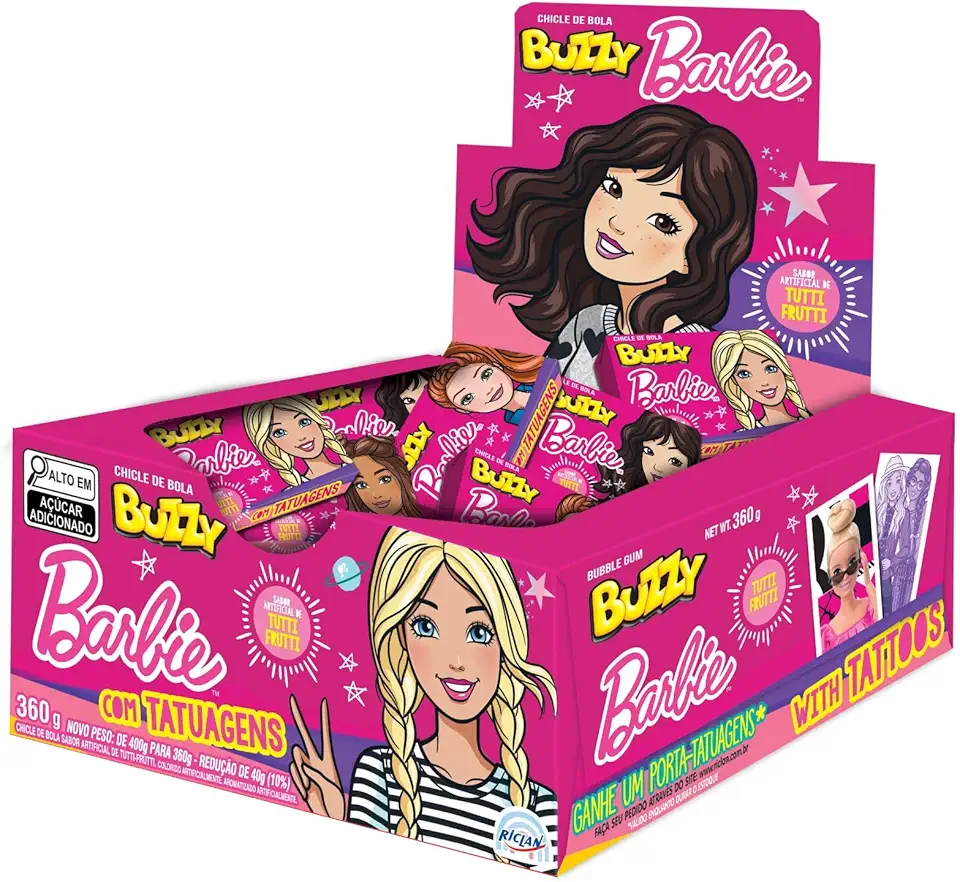 Buzzy Barbie Chiclete de Bola, Sabor Tutti Frutti, com Tatuagens, 360g