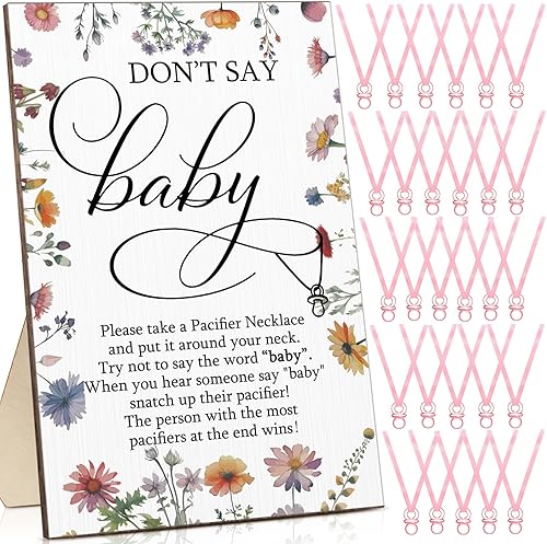 Miniatura 14 de Geetery 51 piezas de letrero de juego con texto en inglés «Don't Say Baby Game» para baby shower, 50 collares de madera con texto en inglés «Don't