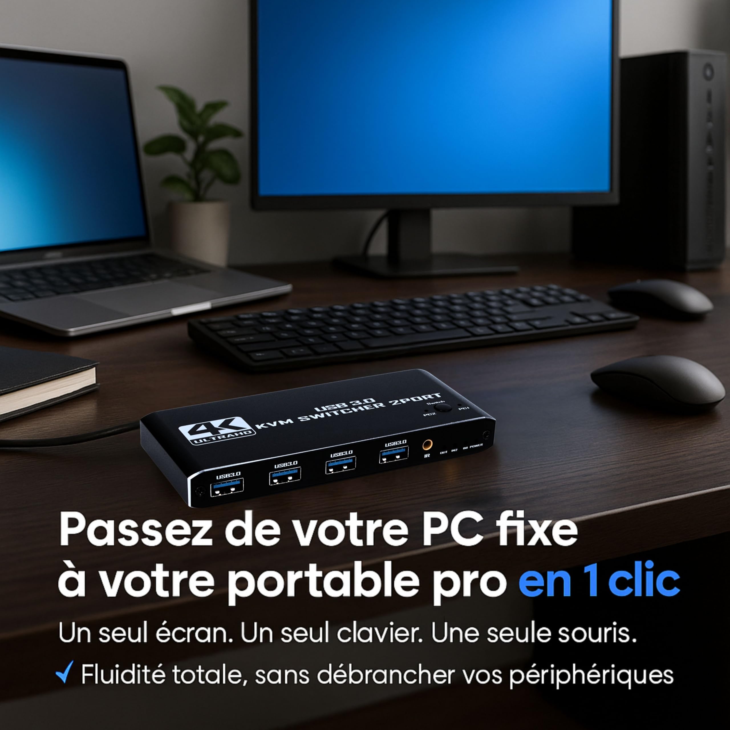 KVM Switch HDMI 4K 120 Hz – Pack Câbles & Adaptateurs Inclus – Commutateur KVM 2 PC 1 Écran USB 3.0 | Boîtier Aluminium Noir Mat Compact 12 cm | Compatible Windows/macOS / PS5 | Plug&Play 0 Latence