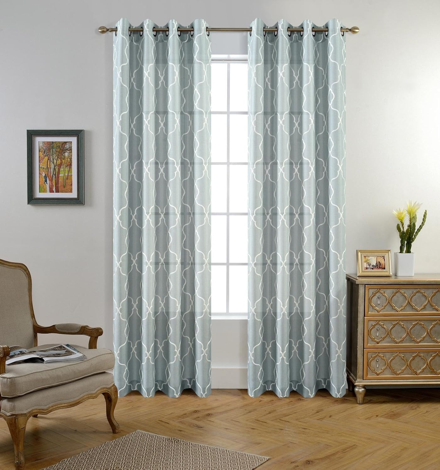 MIUCO Moroccan Embroidered Semi Sheer Curtains Linen Look Grommet Window Curtains for Bedroom 52 x 95 Inch 2 Panels, Sea Foam 52x95 Inch Sea Foam