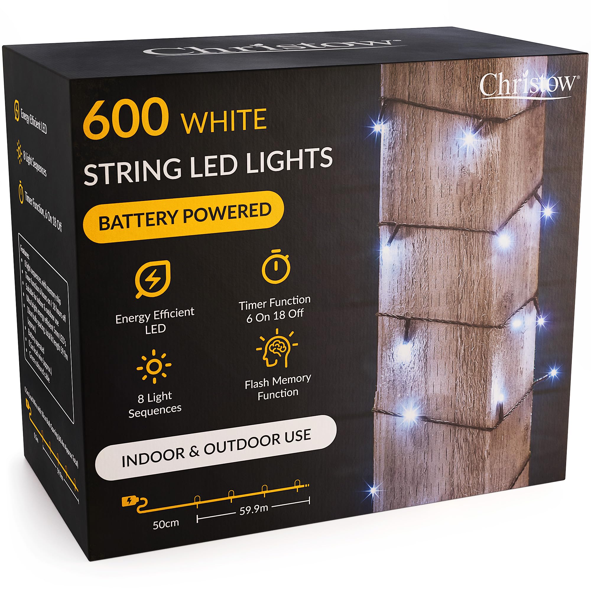 Christow White Christmas Fairy Lights Battery Operated, Led String Lighting With Timer, Indoor & Outdoor, 8 Light Modes Flashing & Static, Green Cable (600 Led / 60M Lit Length)
