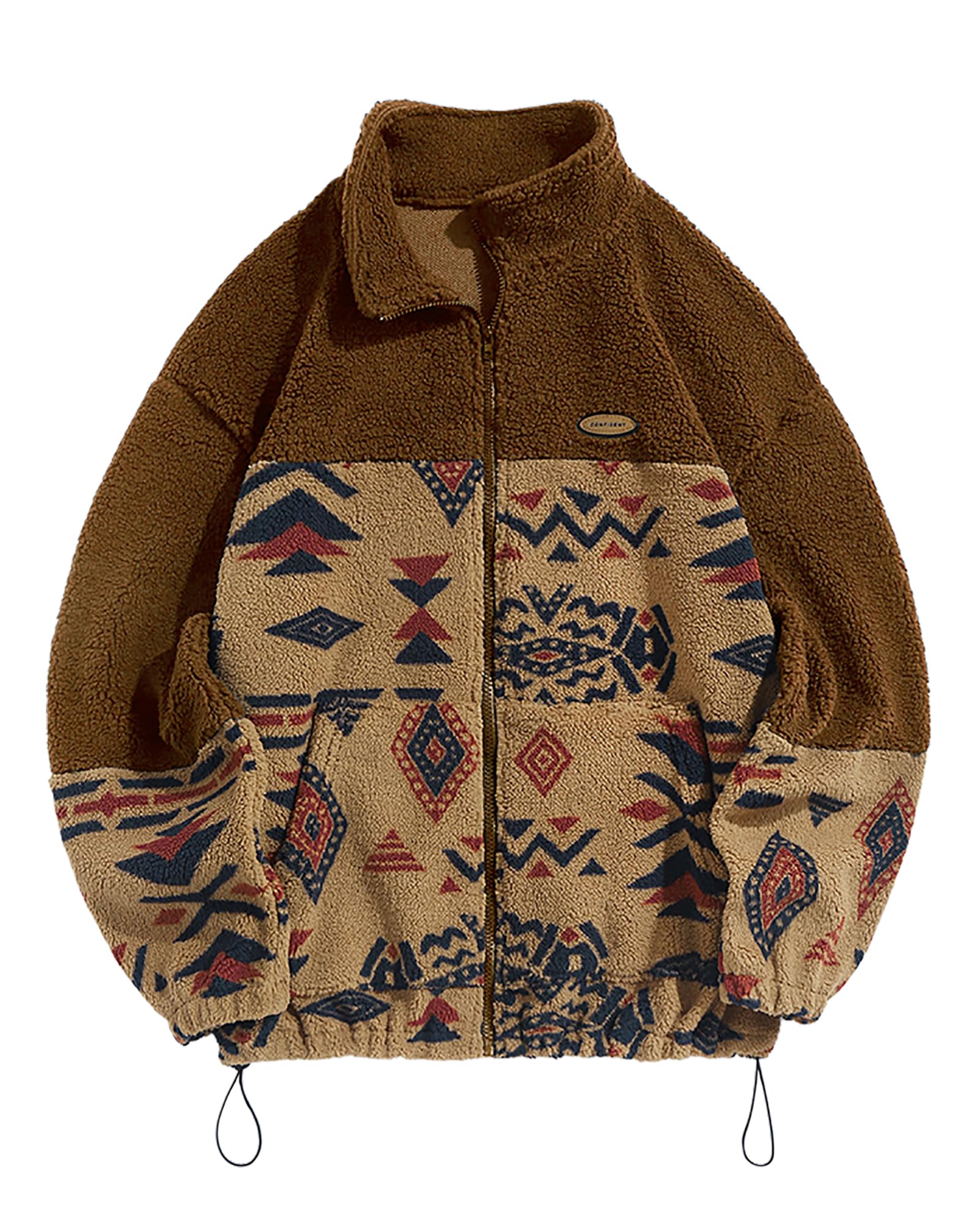 ZAFULMen Ethnic Aztec Printed Fluffy Fuzzy Jacket Plush Fleece Casual Stand Collar Zip Outwear Cardigan Coat with Pockets