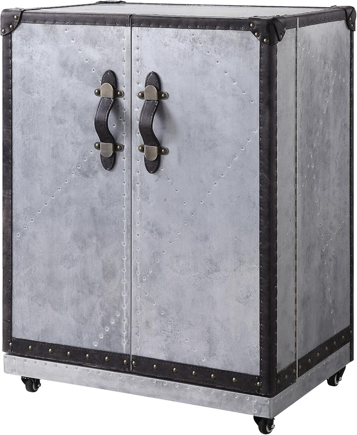 Antique Ebony and Aluminum 2 Door Wine Cabinet with Casters