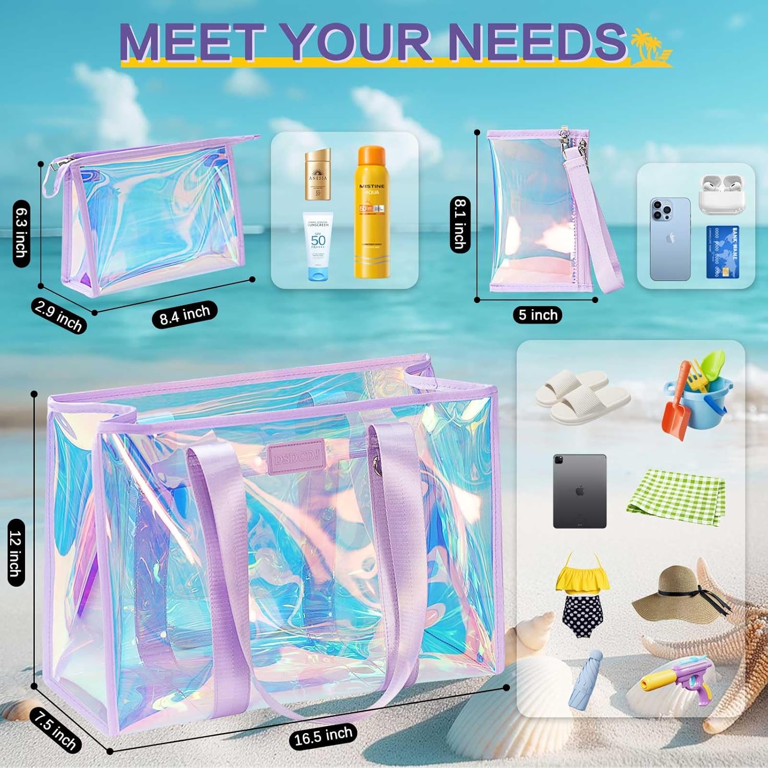 Iridescent Beach Bags for Women, Large Travel Tote Bags with Makeup Bag & Phone Pouch - Waterproof Clear Tote Bag - Image 5