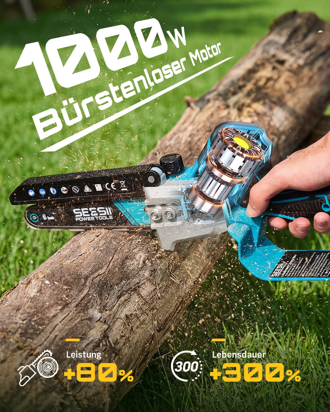 SEESII Mini Kettensäge mit Akku 8000mAh, Akku Handkettensäge 6 Zoll, Bürstenlose Akkusäge mit Automatischem Öler, Kompatible mit Makita Akku 18V, Elektrische Säge für Holz, Ast
