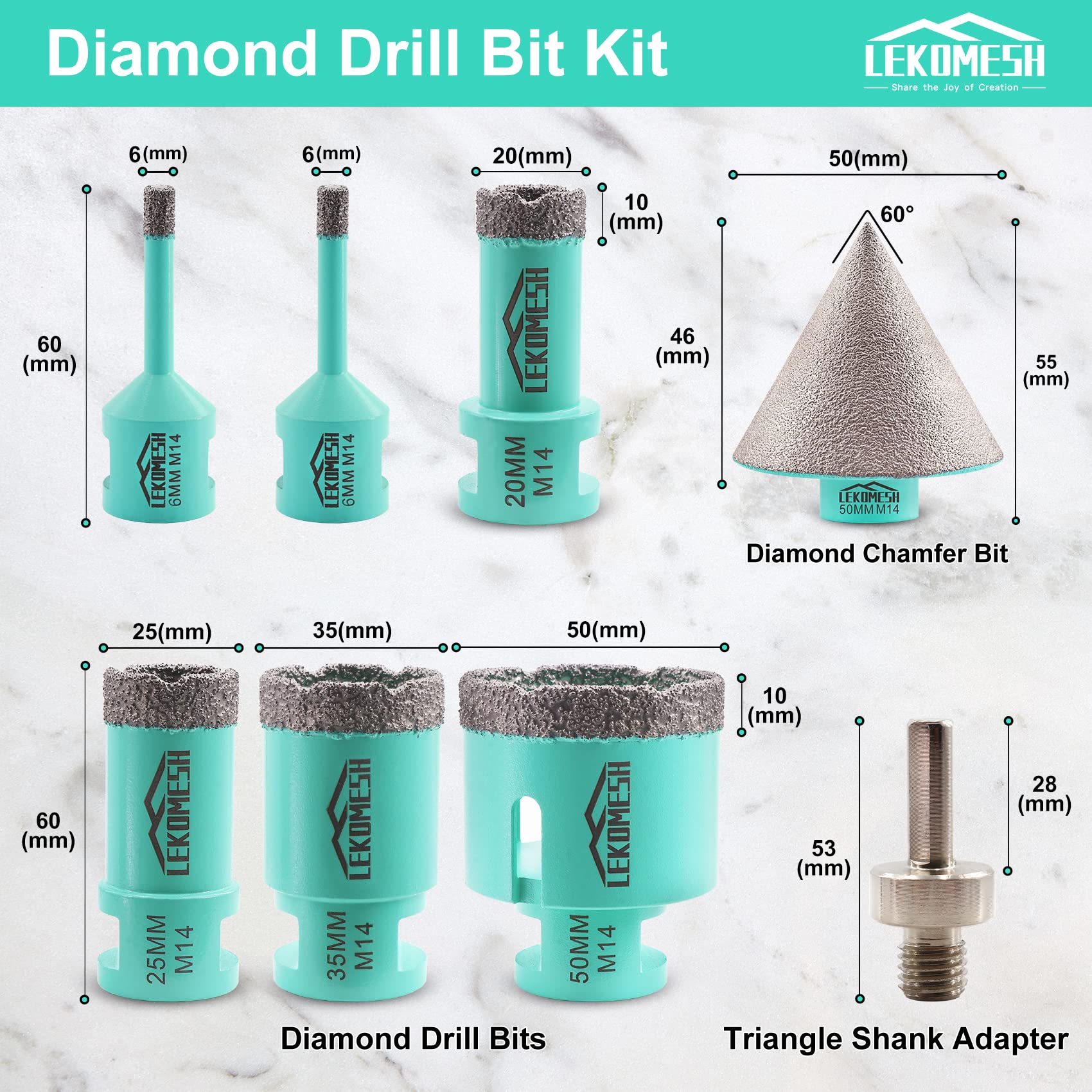 Set di Punte Diamantate - 8 pezzi (6/6/20/25/35/50mm)+50mm Punte per Smusso+Adattatore) LEKOMESH Seghe a Tazza per Porcellana Piastrella Ceramica Granito Marmo Muratura Pietra