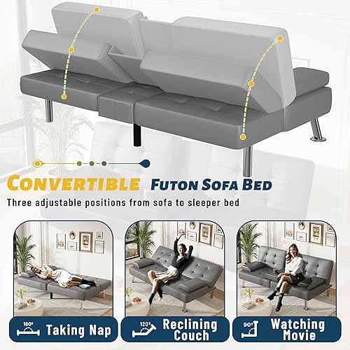 Miniatura 40 de Furmax Sofá cama futón ajustable, sofá cama para sala de estar, oficina de negocios, sofás reclinables con portavasos (piel sintética, negro) Negro