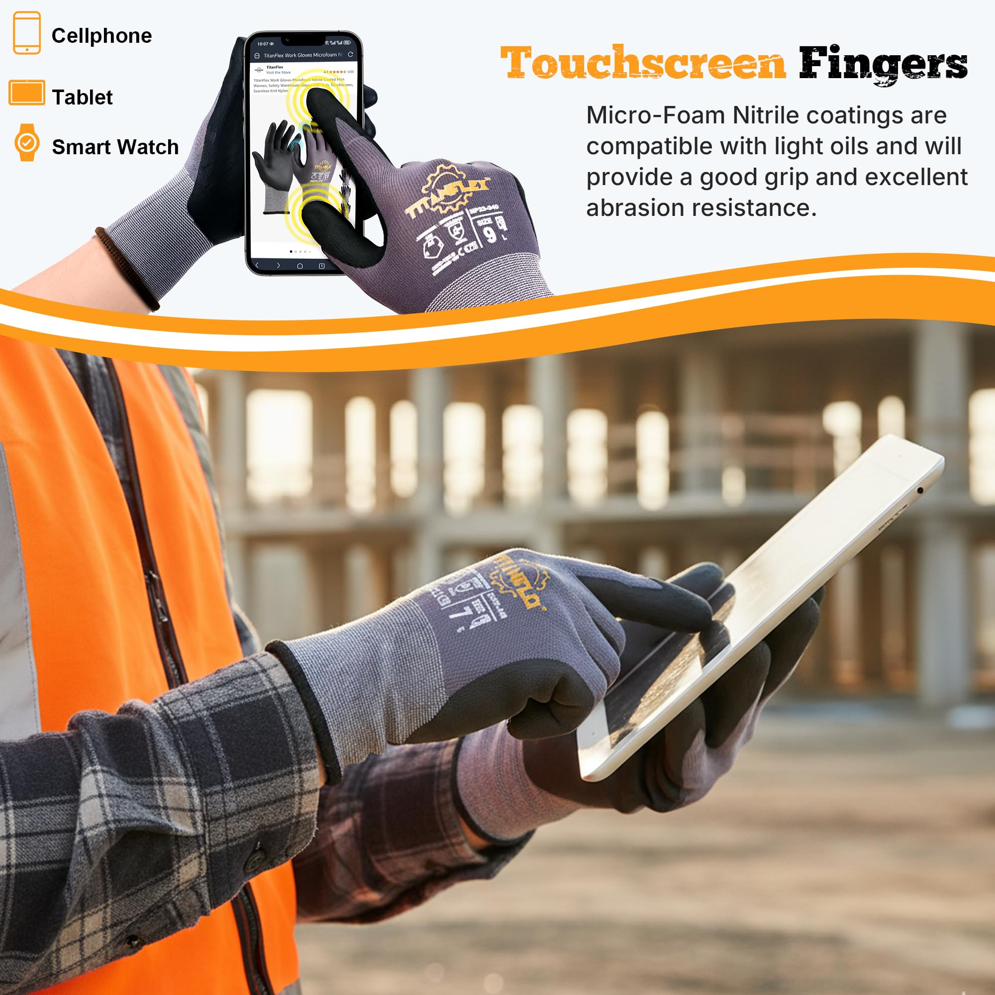 Condition photo showing New/Like New for work gloves, microfoam nitrile coated, seamless knit nylon | warehouse safety work gloves for men women, heavy duty grip, touchscreen, for gardening and construction, 3 pairs medium