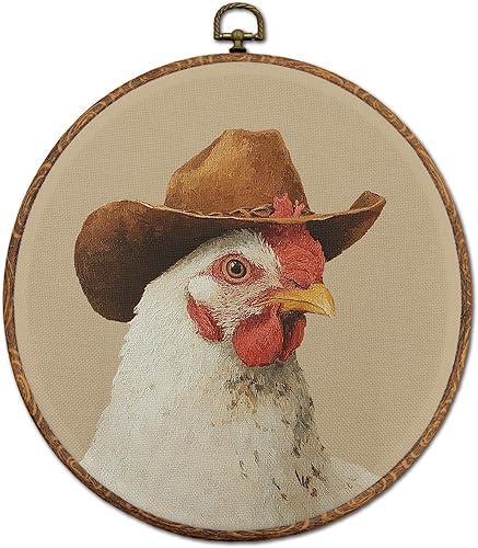 DOFQZ Decoración de pared redonda de pollo occidental, arte de pared enmarcado del suroeste de campo, lienzo retro de pollo vaquero para colgar en