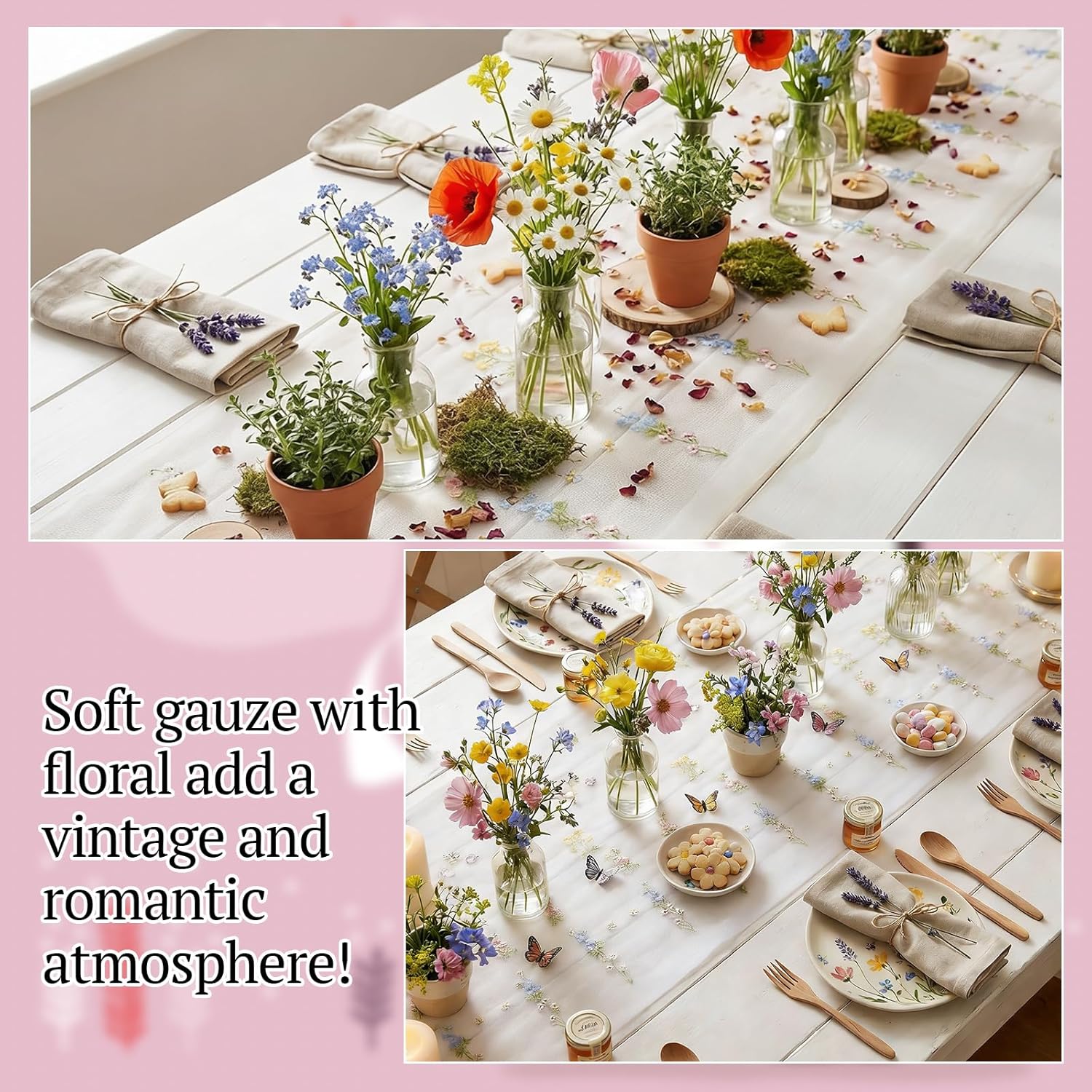 Lounsweer 3 Pcs Wildflower Table Runner 10ft/ 29 Inch x 120 Inch White Embroidery Wildflower Spring Summer Tulle Lace Runner for Table Wedding Bridal Baby Shower Holiday Dining Decor DIY