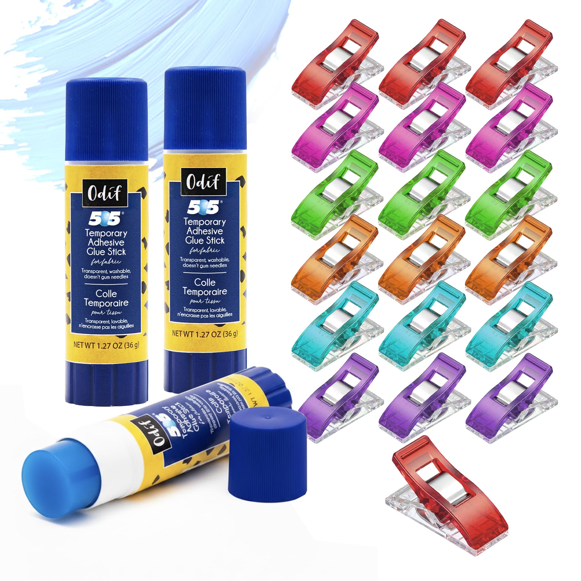505 Temporary Fabric Glue Sticks (3-Pack) with 20 Pixiss Fabric Clips – Perfect for Sewing, Quilting, Appliqué, and Crafting Projects – Repositionable