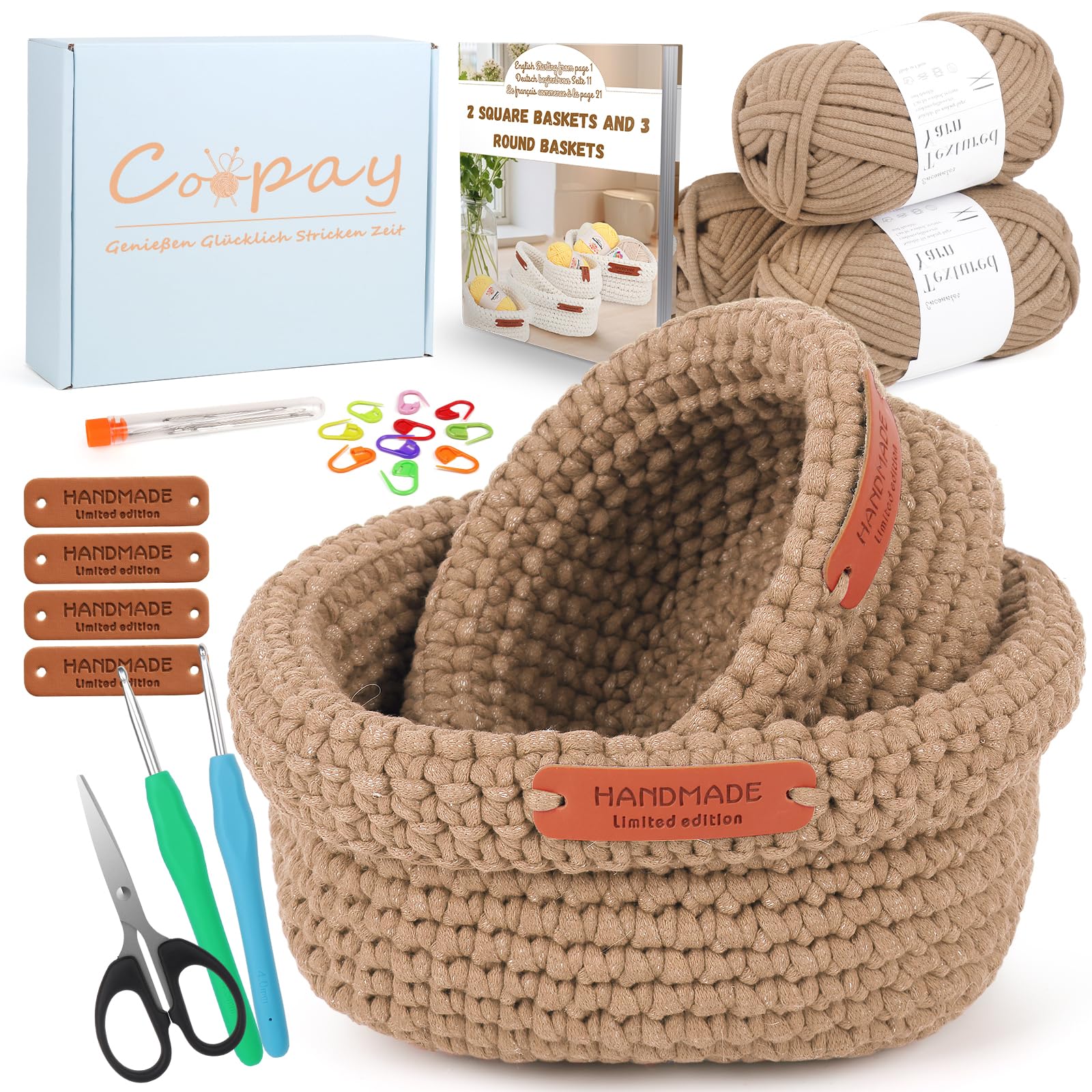 Coopay Häkelset für Anfänger, 2 Größe Square Körbe Häkel Set mit Häkelanleitung, DIY Häkelset für Körbe mit Häkelnadel, Häkelwolle, Häkel Set zum Häkeln Lernen, Anfänger Häkelset für Körbe