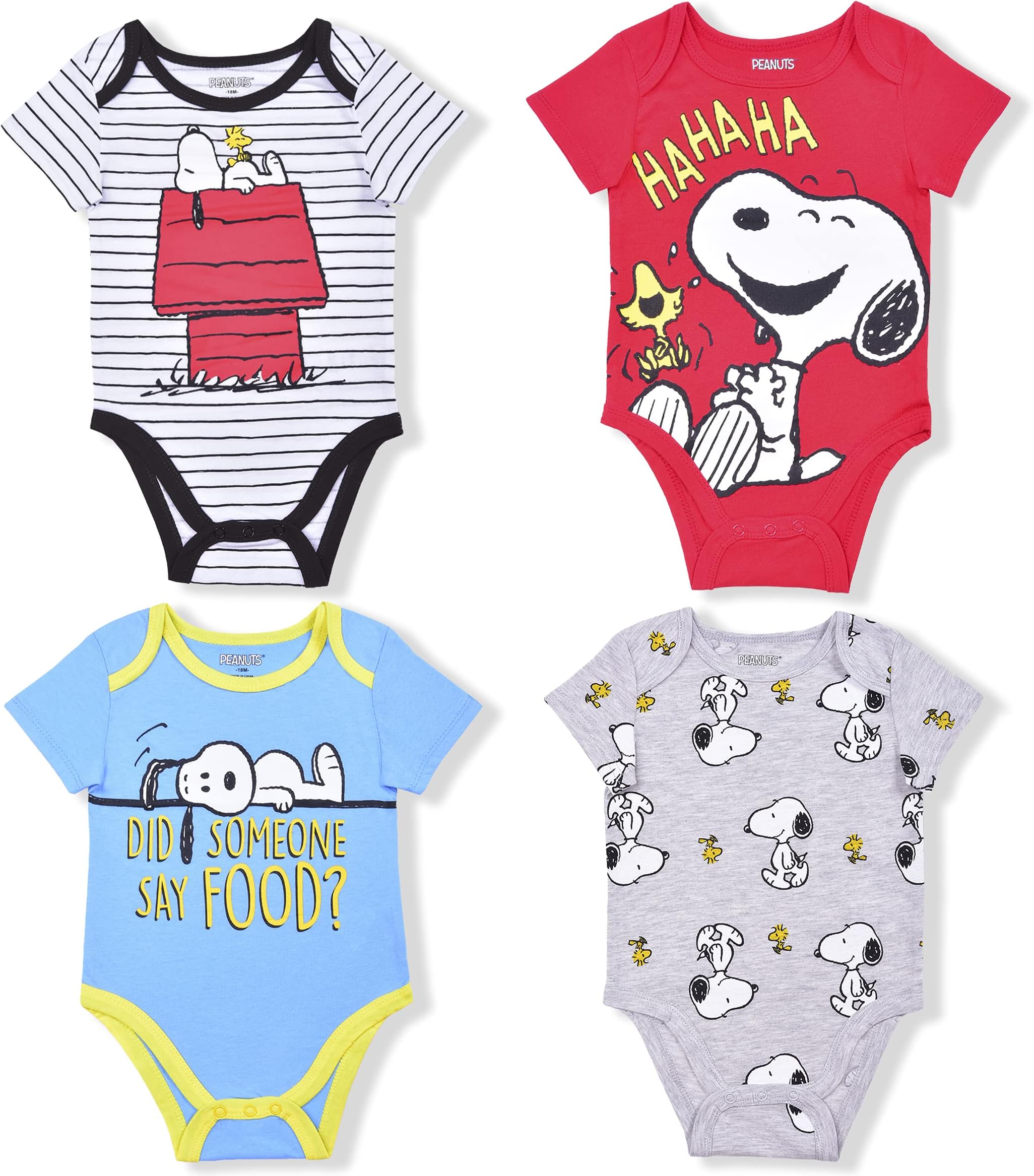 PeanutsPeanuts’ Snoopy 4 Pack Short Sleeve Creeper Bundle, Baby’s Bodysuit Romper Set