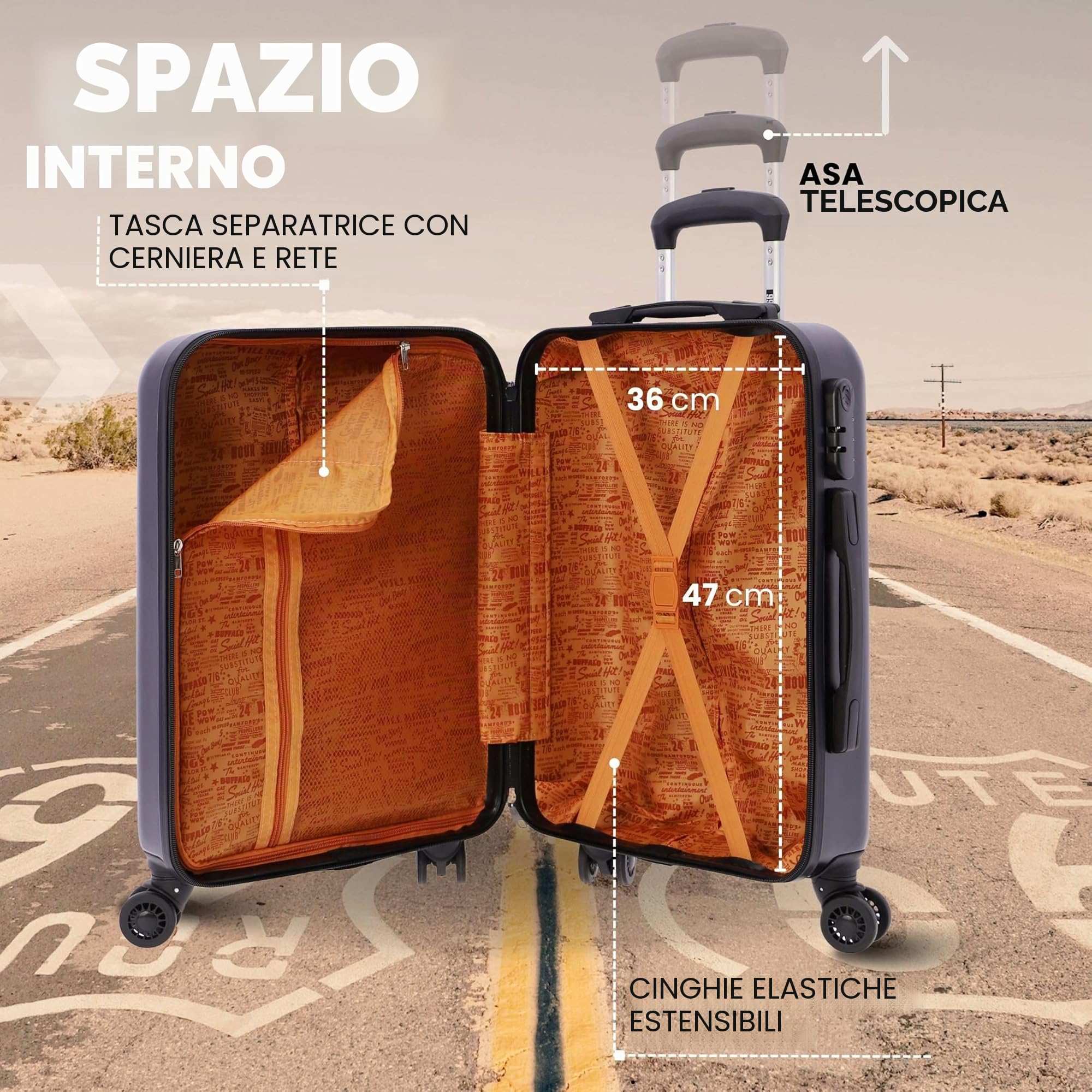 Route 66 – Trolley bagaglio a mano 55x40x20 (Espandibile) – 33L - Valigia Bagaglio a mano Ryanair – Valigia Media Rigida – Trolley Cabina Piccolo
