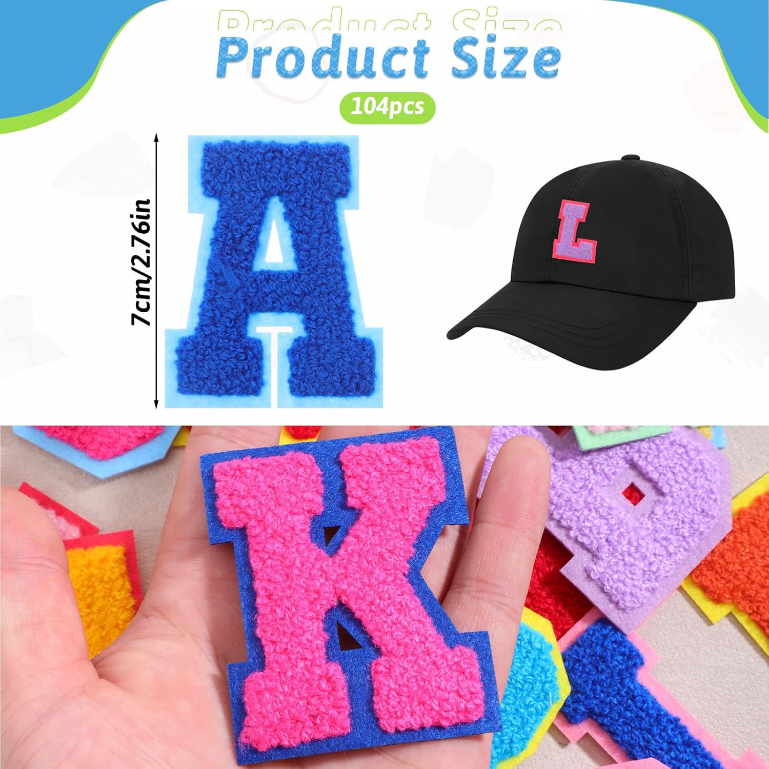 104 Pcs Self Adhesive Chenille Letter Patches, 2.76 Inch Colorful Iron on Letters Patches A-Z Large Embroidered Alphabet Stickers for Bags, Clothes, Hat, Gift Decor