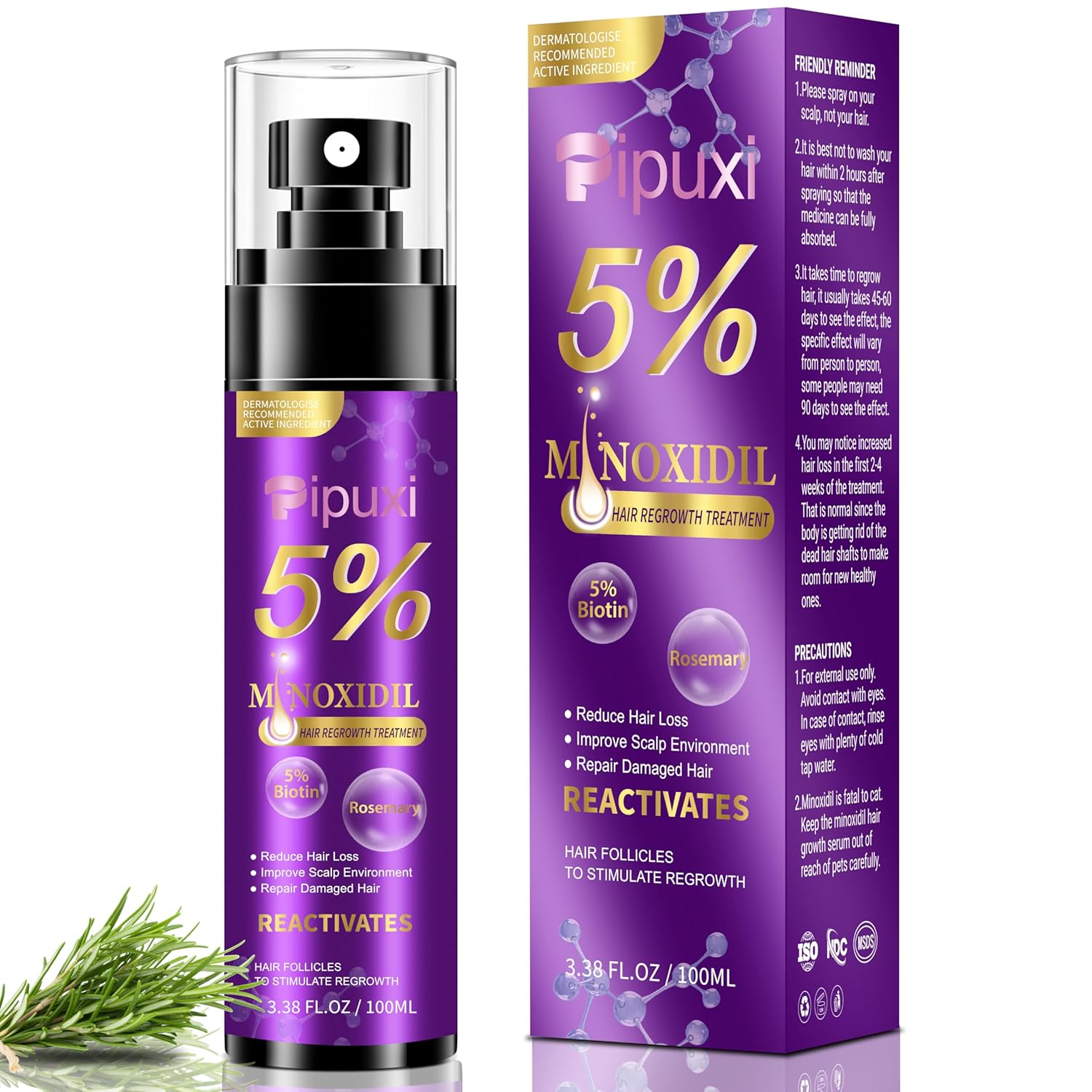 5% Minoxidil for Men and Women Hair Growth Products, Biotin Serum with Rosemary for Hair Regrowth Treatment, Minoxidil Spray Extra Strength Hair Loss Solution, Clinically Proven to Regrow Thicker