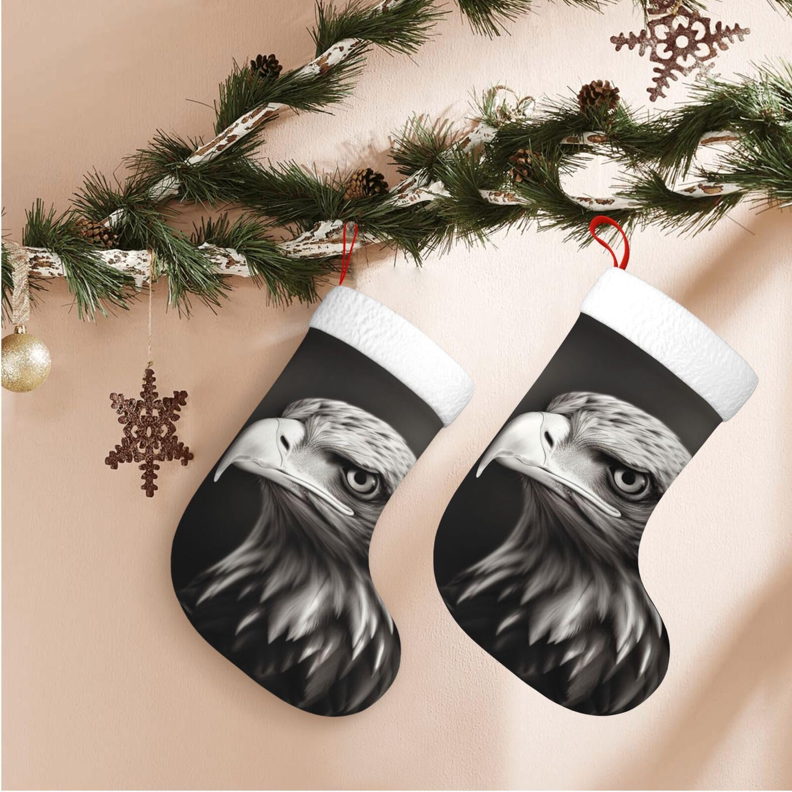 Eagle Black and White Christmas Stockings Velvet Xmas Fireplace Hanging Stocking with Plush Cuff Rustic Christmas Santa Stockings for Home Christmas Decorations Party Favor Supplies
