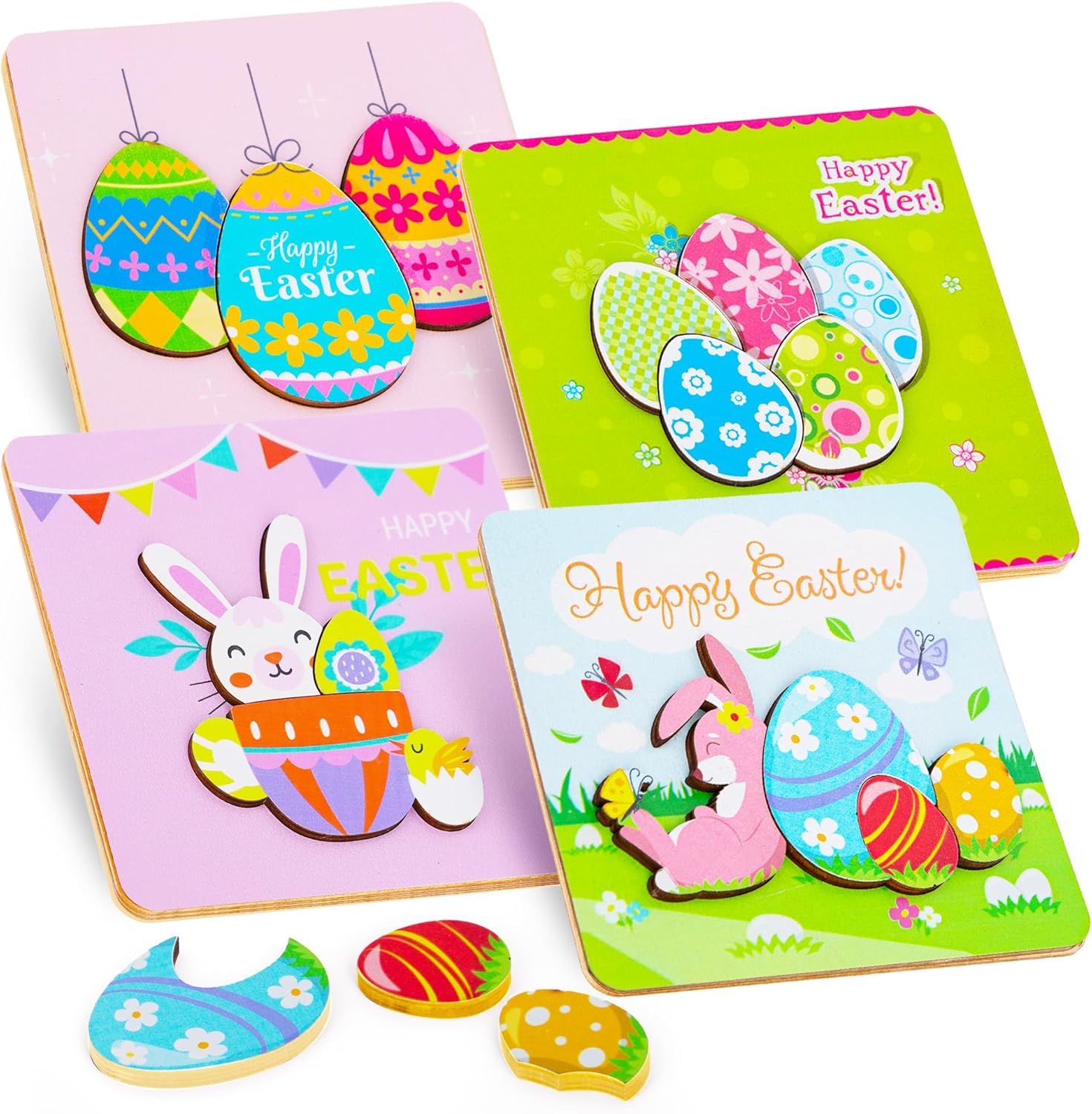 ArtCreativity Wooden Easter Puzzles for Kids - Set of 4 - Toddlers’ Puzzle Set in Spring Colors - Chunky Design for Easy Grasping - Easter Gifts for Toddlers 3+ - Cute Decor Idea