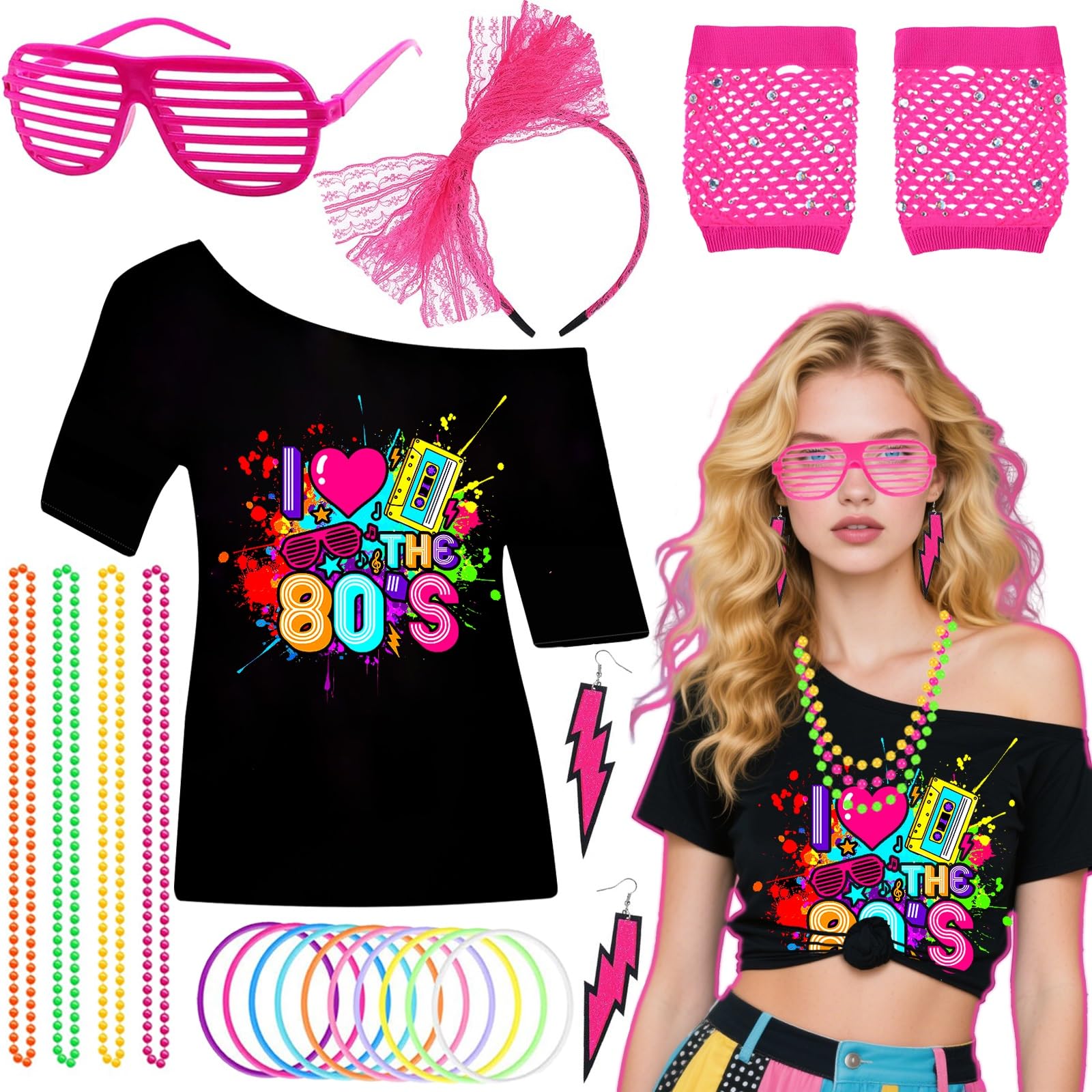 19Pcs 80s T-Shirt Set for Women, 1980s Retro Fancy Dress Accessories with Top Fishnet Gloves Earrings Headband Shutter Glasses Bracelet Necklace for Girls Costume Outfit Hen Do Party