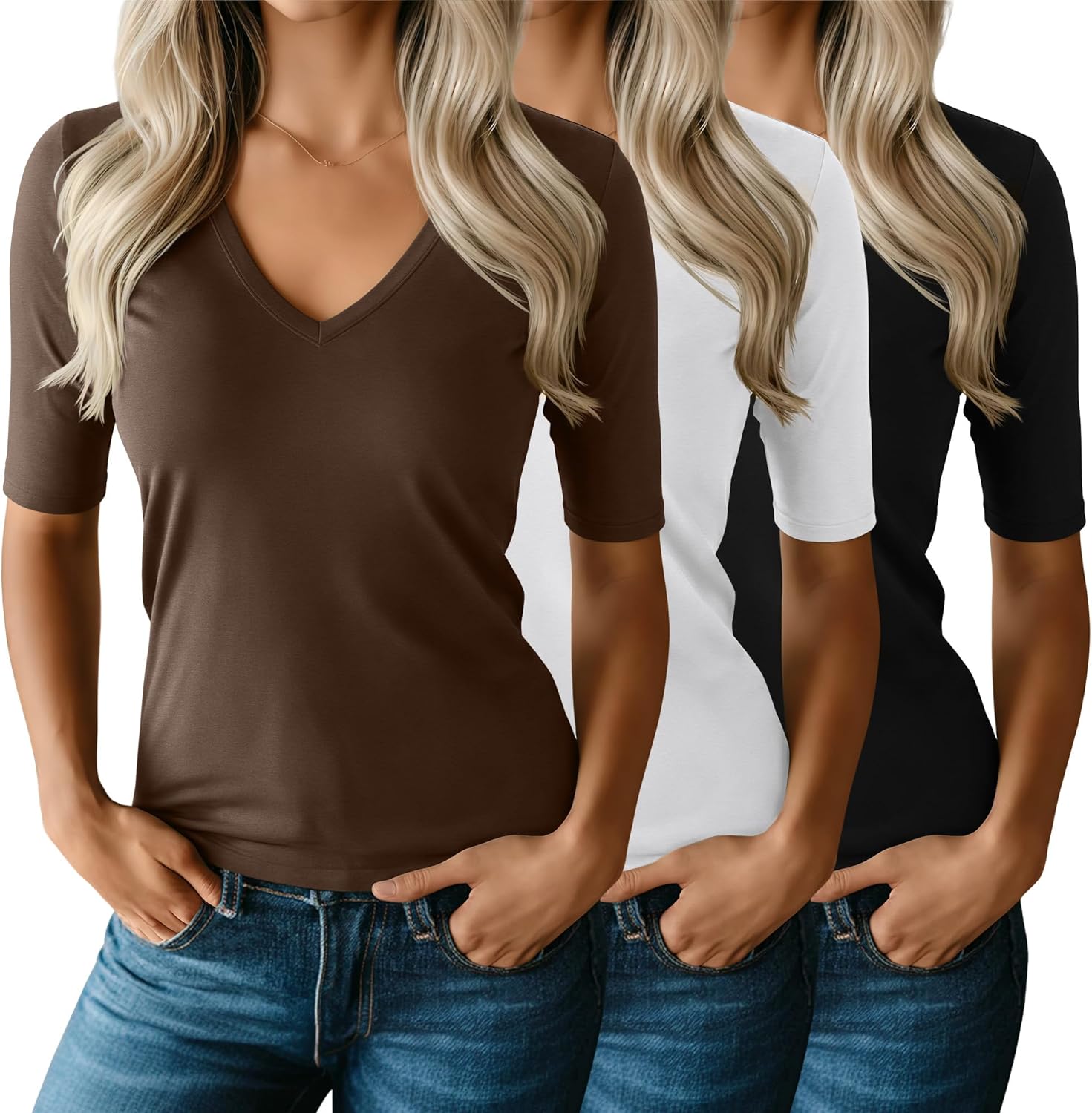 Ficerd 3 Pack Women's Half Sleeve V Neck T Shirts, Mid Elbow Length Sleeve Shirt Slim Fit Tunic Top Casual Summer Tee
