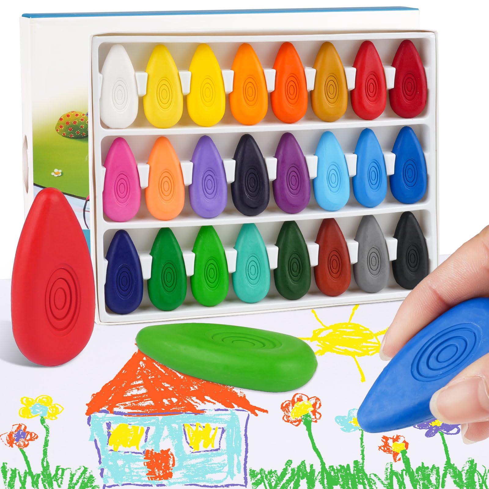 24 Washable Colors Wax Crayons for 1-4 Year Old Toddlers, Chunky Party Bag Fillers for Graffiti and DIY Crafts