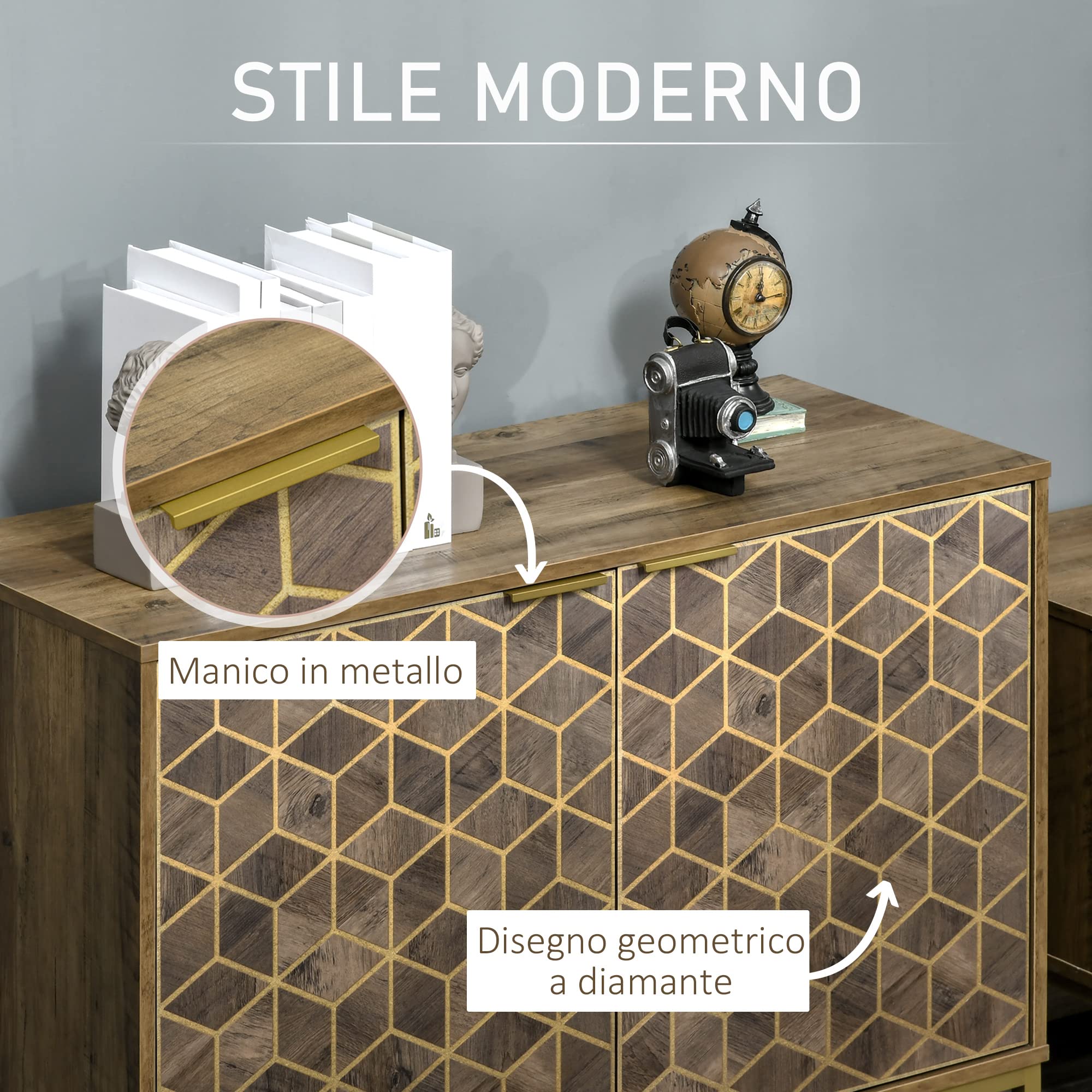 HOMCOM Mobile da Ingresso e Salotto Credenza 2 Ante in Legno 99x39x75.5cm | Moderna, Decori Dorati, Gambe in Acciaio