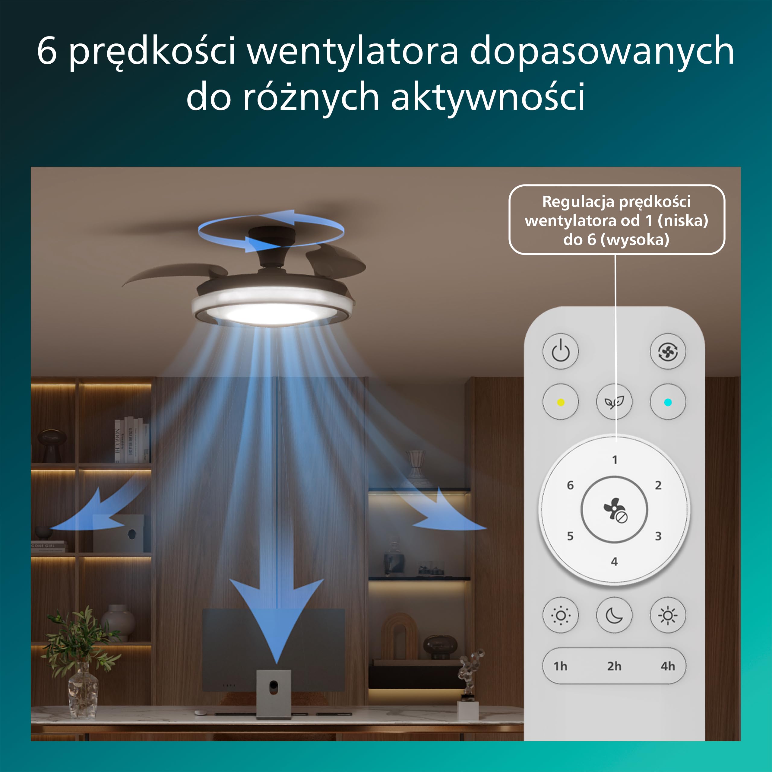 Chowany Wentylator Sufitowy Philips Bliss z Oświetleniem LED, 3 Łopatki, 106 cm, 4500 Lumenów, Regulowana Barwa 3000–6500 K, Przyciemnianie do 5%, Pilot, Czarny