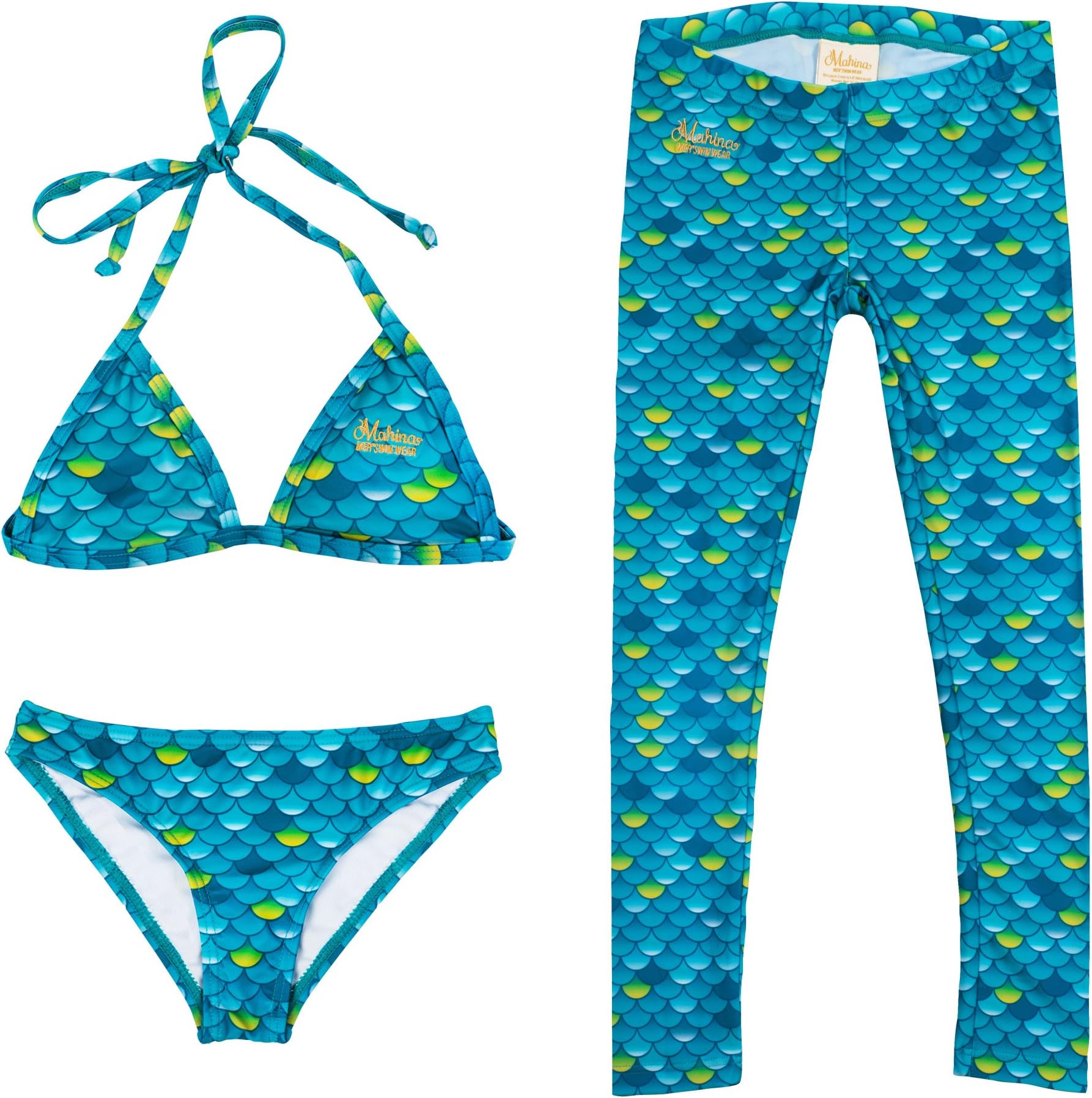 Mahina Mermaid Kids MerSwim Swim Set with Leggings (Bikini Top and Bikini Bottom), Large, Aqua