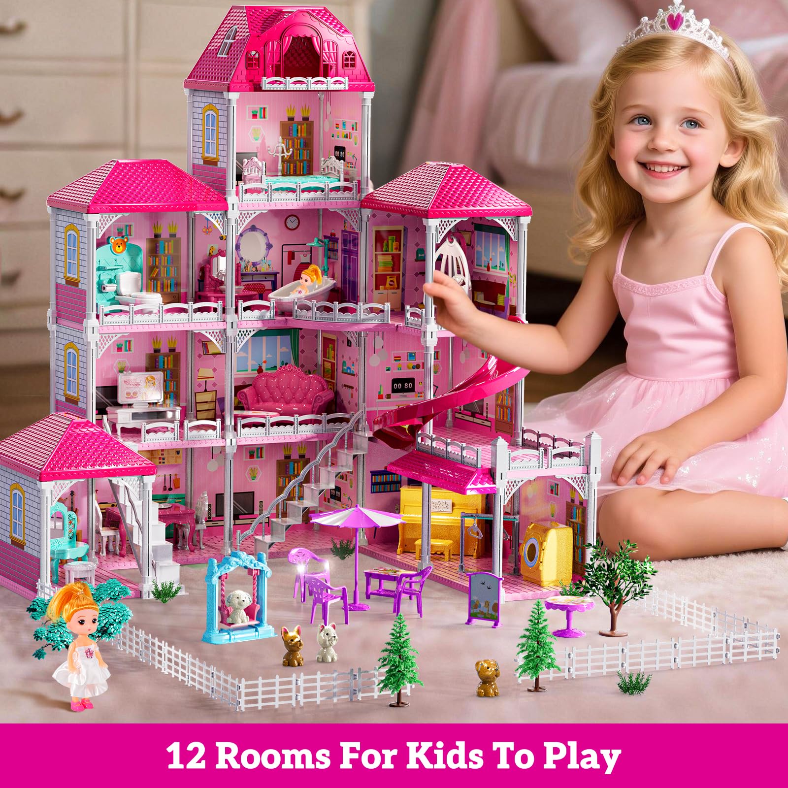 Villa Playset for Girls Ages 3-7, 4-Story 12 Room House with 2 Dolls, Furniture and Accessories, Indoor Playset Girls Toys for Ages 6-8, Pretend Toddler Toy, Birthday Gifts for Kids 4-8