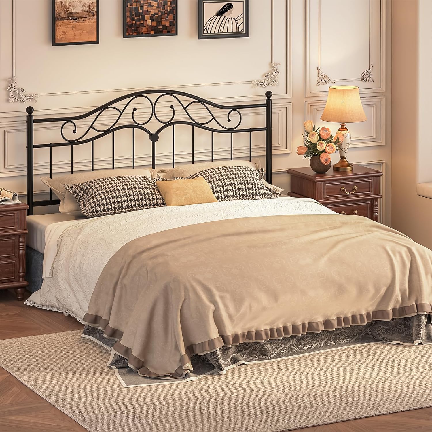 Weehom King Size Headboard Only, Sturdy Metal Headboard with Bed Frame Adapters Adjustable Height, Farmhouse Vintage Headboard for King Bed Frame Easy Assembly, Black