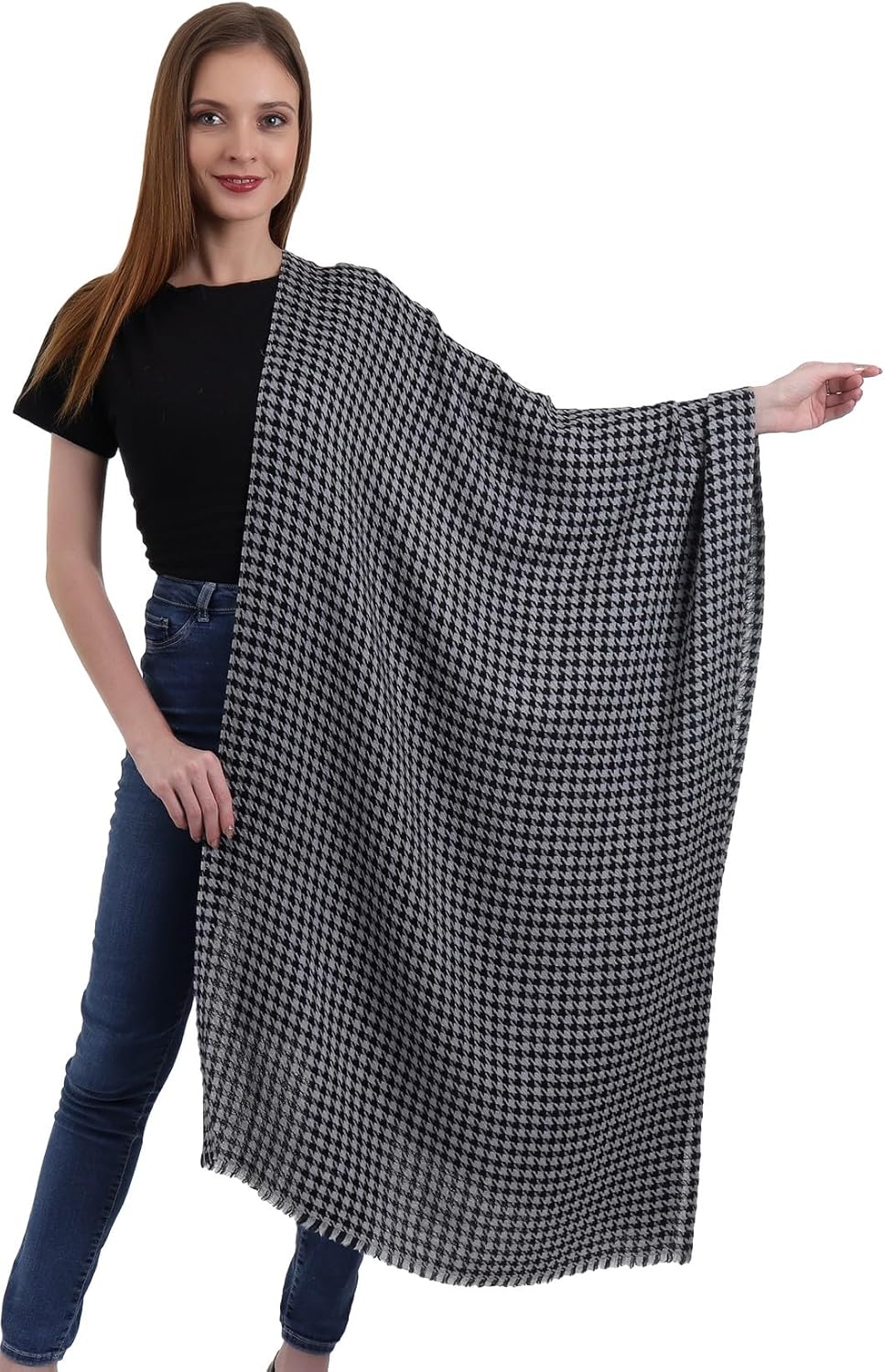 EH 100% Pure Cashmere scarf, stole Houndstooth, warm large buttery soft Pashmina