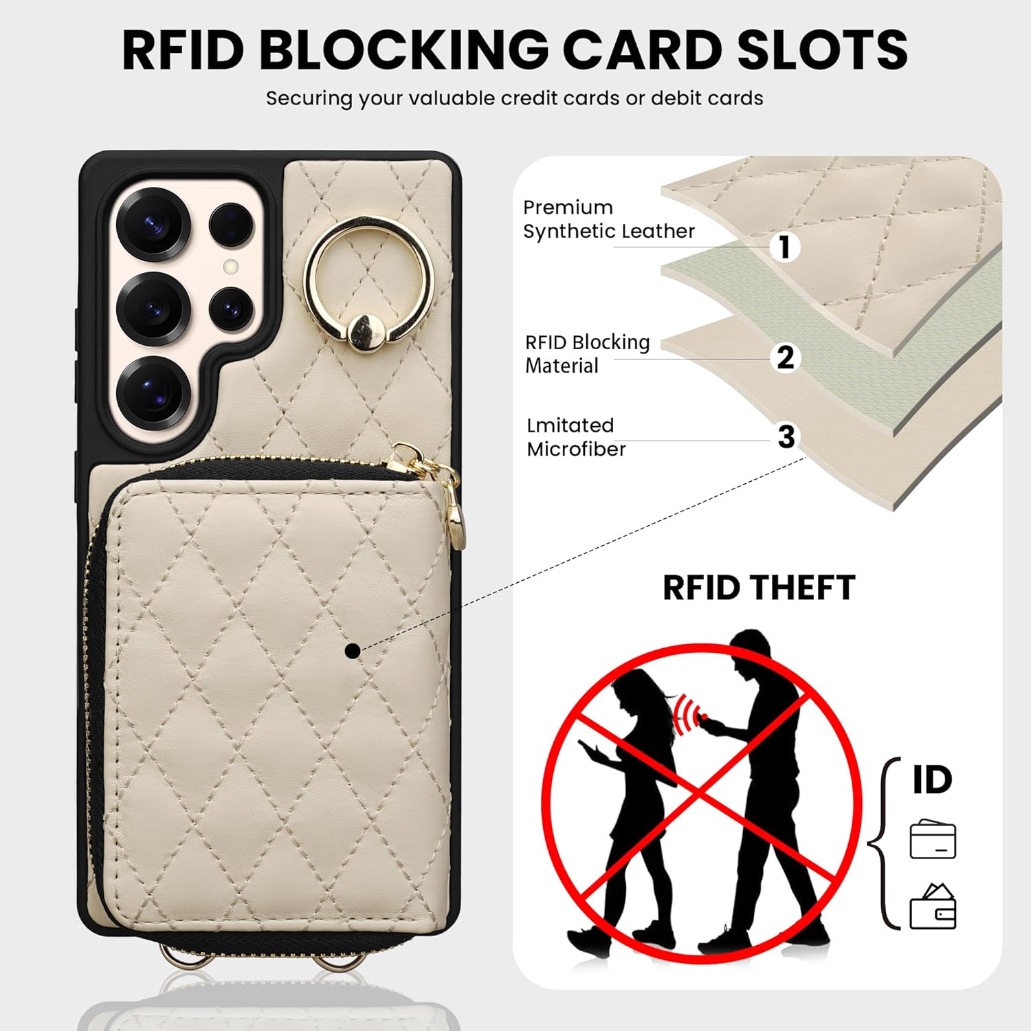 Keallce Case for Samsung Galaxy S25 Ultra 6.9'' Wallet Case,Crossbody Zipper Galaxy S25 Ultra Purse Wrist Strap Lanyard Handbag,RFID Blocking Card Slots,Flip Leather Cover for Samsung S25 Ultra,Beige - Image 4