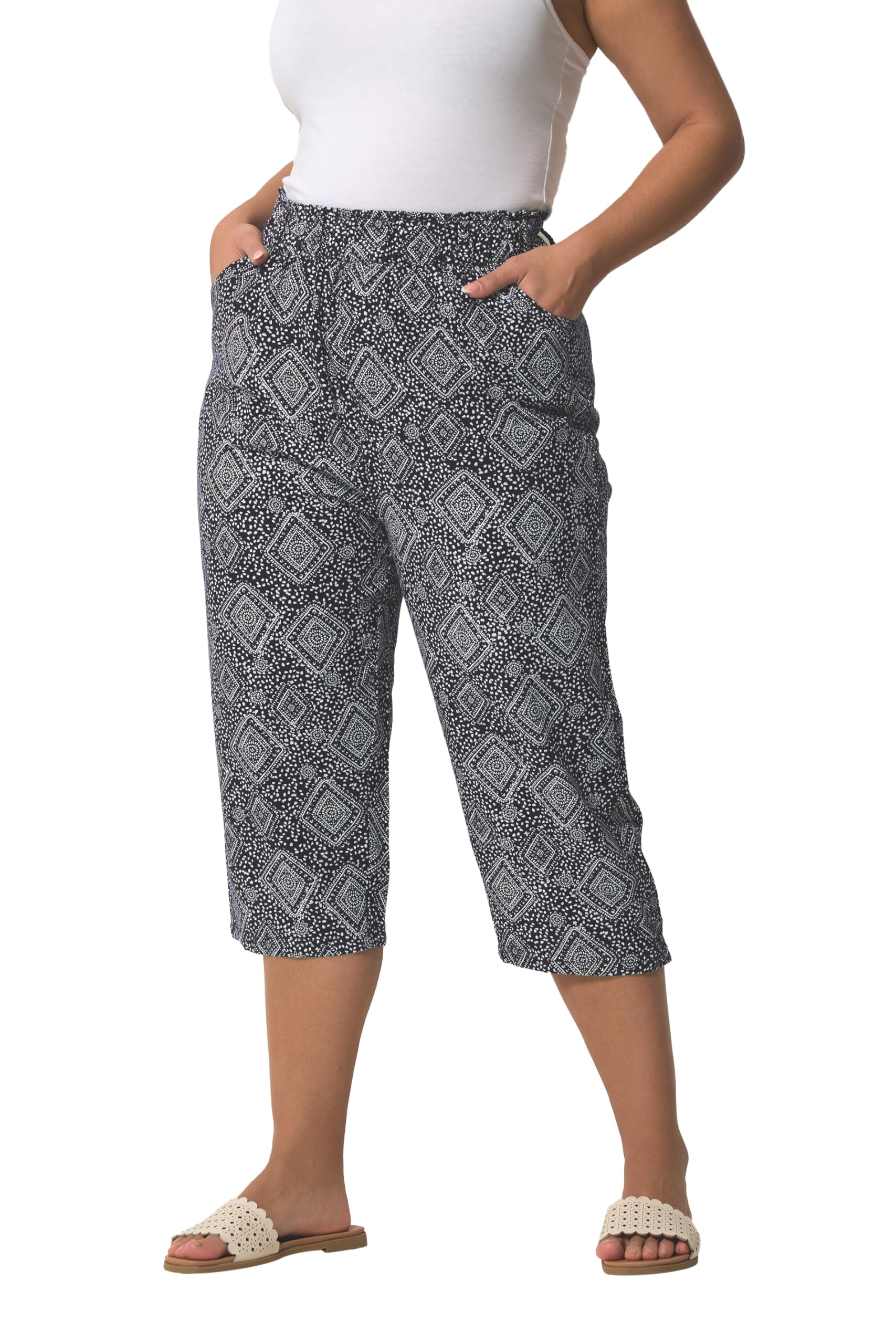 Yours Women's Dark Navy Geometric Cool Cotton Cropped Trousers In | Size: 20