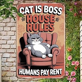 1PC 2D Flat Cat is Boss House Rules Humans Pay Rent Tin Sign print Aesthetic, Retro art, Home Decor, Outdoor wall decoration gift, suitable for farms, cafes, bars, 8X12inch
