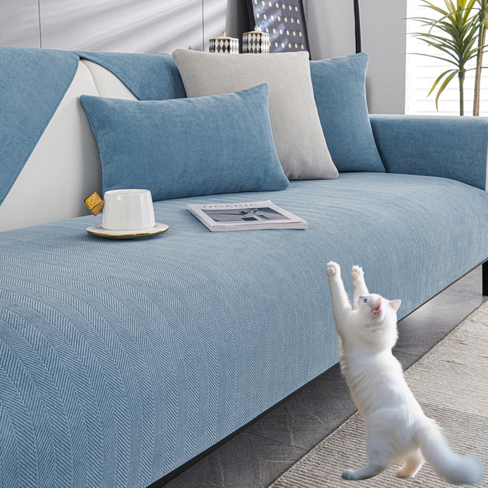 Generisch Vintage Chenille SofaüBerwurf rutschfest, Weicher Waschbarer Sofaschoner FüR 2-5 Sitzer L Form Sektionssofa – Couch üBerzug Haustier Sofaschutz(Blue,90x240cm)