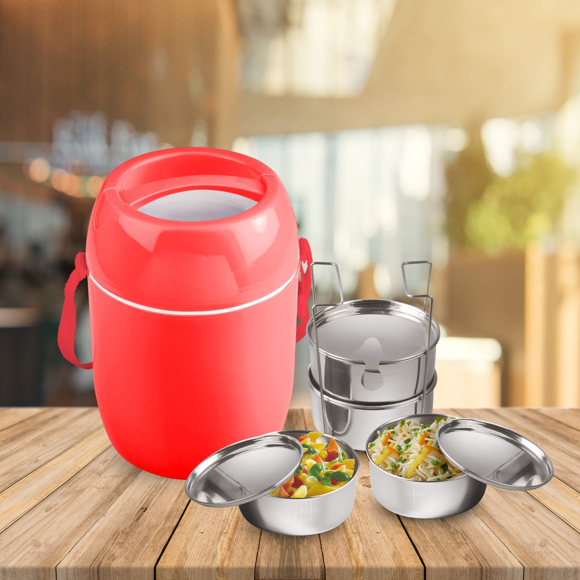 Asian Plastowares - 10000551 Stainless Steel Stylo Hot Executive Tiffin Lunch Box, Set of 4, Red