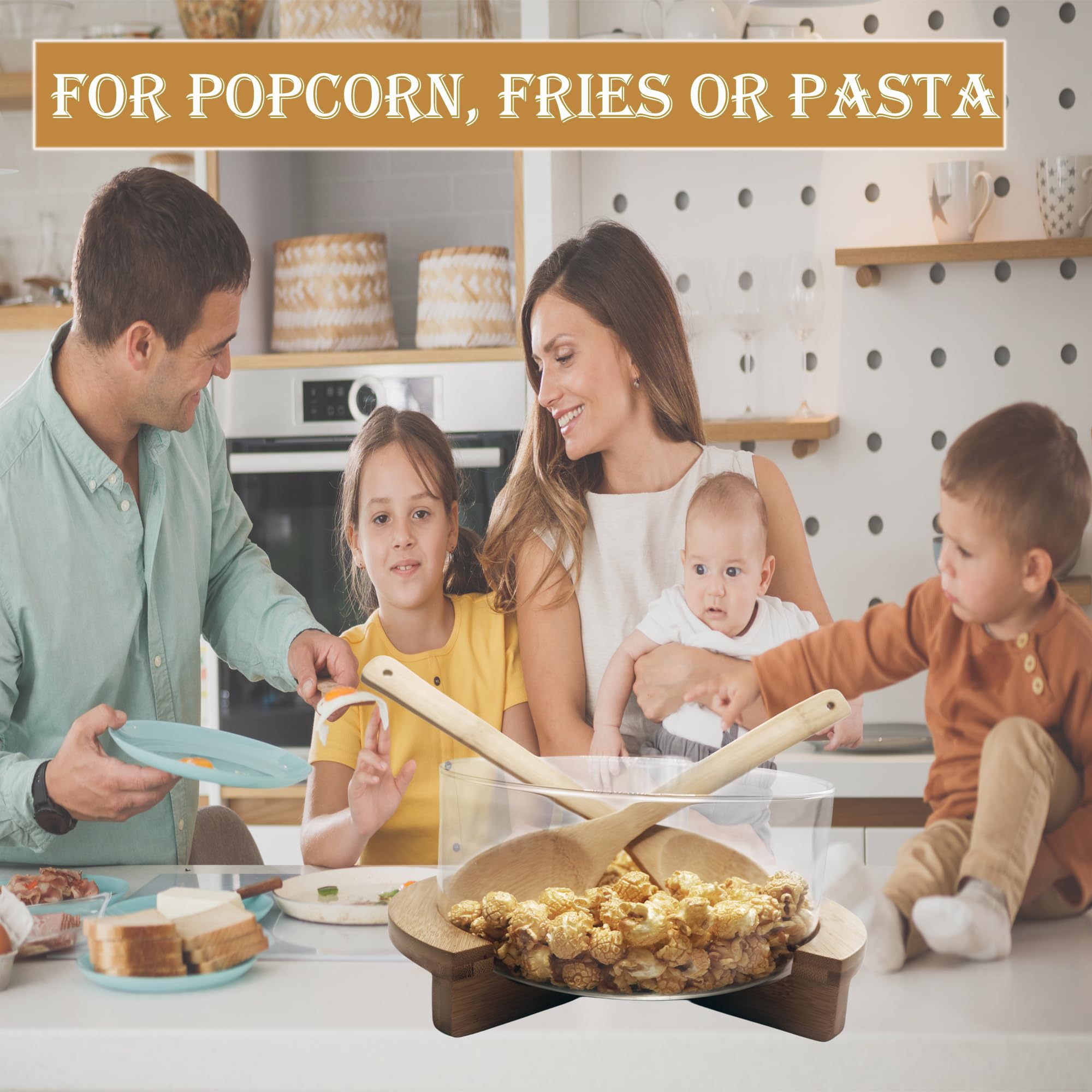 Ensaladera de vidrio con base de madera y utensilios, juego de cuencos grandes para servir ensaladas para pasta, frutas, mezclar ensaladas, palomitas de maíz, patatas fritas y decoración